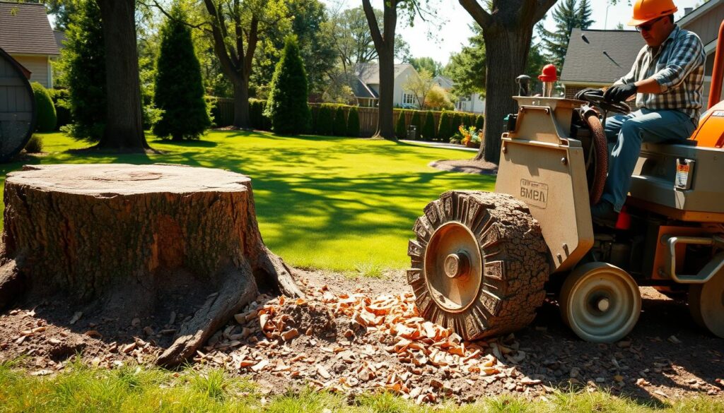 A detailed scene of stump removal in a residential backyard, showcasing heavy-duty machinery like a stump grinder actively working on a large, recently cut tree stump. In the foreground, the stump is partially ground down, with wood chips scattered around, and the machine operator, dressed in a safety helmet and professional work clothing, focused on the task. The middle ground features a lush green lawn bordered by tall trees, while in the background, there are hints of a suburban setting with a house and garden. The lighting is warm and natural, indicating a sunny day, with shadows cast by the machinery. The overall mood is industrious, emphasizing the importance of stump removal in landscaping, conveying a sense of progress and transformation. A detailed scene of stump removal in a residential backyard, showcasing heavy-duty machinery like a stump grinder actively working on a large, recently cut tree stump. In the foreground, the stump is partially ground down, with wood chips scattered around, and the machine operator, dressed in a safety helmet and professional work clothing, focused on the task. The middle ground features a lush green lawn bordered by tall trees, while in the background, there are hints of a suburban setting with a house and garden. The lighting is warm and natural, indicating a sunny day, with shadows cast by the machinery. The overall mood is industrious, emphasizing the importance of stump removal in landscaping, conveying a sense of progress and transformation.