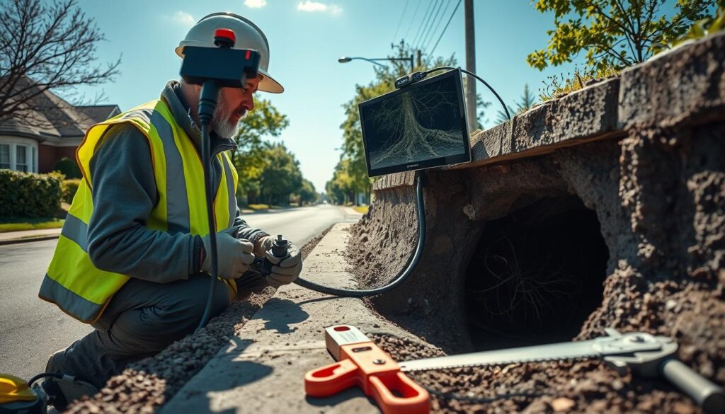 A detailed scene showcasing a professional technician conducting a CCTV camera inspection in a drain. In the foreground, a focused technician, dressed in a safety vest and hard hat, operates a camera on a flexible cable, looking intently at a monitor displaying tree roots blocking the drain. The middle ground features the open drain revealing tangled roots, along with tools, such as a cable cutter and root saw, neatly arranged nearby. The background shows a suburban street with a few trees lining the road, under a clear blue sky. Soft, natural lighting casts gentle shadows, creating a calm atmosphere while emphasizing the technical process of root removal inspection. The image conveys a sense of professionalism and diligence in addressing drainage issues. A detailed scene showcasing a professional technician conducting a CCTV camera inspection in a drain. In the foreground, a focused technician, dressed in a safety vest and hard hat, operates a camera on a flexible cable, looking intently at a monitor displaying tree roots blocking the drain. The middle ground features the open drain revealing tangled roots, along with tools, such as a cable cutter and root saw, neatly arranged nearby. The background shows a suburban street with a few trees lining the road, under a clear blue sky. Soft, natural lighting casts gentle shadows, creating a calm atmosphere while emphasizing the technical process of root removal inspection. The image conveys a sense of professionalism and diligence in addressing drainage issues.