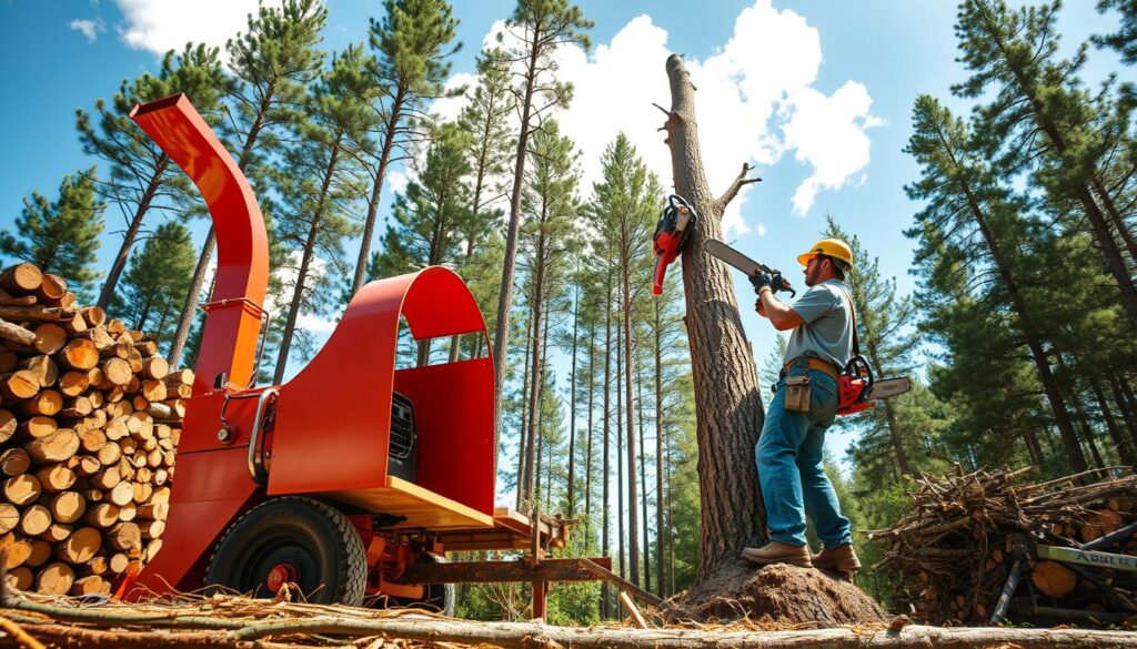 A detailed scene showcasing tree removal equipment in action. In the foreground, a sturdy wood chipper with vibrant red paint stands ready, surrounded by neatly stacked logs and branches. In the middle ground, a professional tree removal technician, wearing a hard hat and safety gear, expertly operates a chainsaw on a tall tree, demonstrating precision and control. In the background, tall trees stretch up to a clear blue sky, with a few fluffy white clouds softly diffusing sunlight, creating a bright and energetic atmosphere. The composition captures the essence of efficiency and safety in tree removal techniques, utilizing sharp detail and vibrant colors to emphasize professionalism and expertise in the field. A detailed scene showcasing tree removal equipment in action. In the foreground, a sturdy wood chipper with vibrant red paint stands ready, surrounded by neatly stacked logs and branches. In the middle ground, a professional tree removal technician, wearing a hard hat and safety gear, expertly operates a chainsaw on a tall tree, demonstrating precision and control. In the background, tall trees stretch up to a clear blue sky, with a few fluffy white clouds softly diffusing sunlight, creating a bright and energetic atmosphere. The composition captures the essence of efficiency and safety in tree removal techniques, utilizing sharp detail and vibrant colors to emphasize professionalism and expertise in the field.