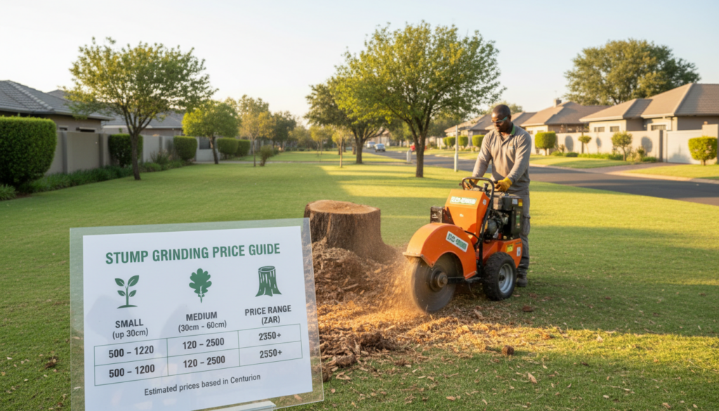 A detailed stump grinding price guide visually represented. In the foreground, a clear and concise table showcasing various price ranges for stump grinding services, with icons symbolizing different tree sizes. In the middle ground, a modern stump grinding machine actively working on a tree stump, surrounded by wood chips and debris, highlighting its efficiency. The background features a serene suburban landscape in Centurion, with well-kept lawns and trees, under soft, warm afternoon sunlight, creating a calm and inviting atmosphere. The scene is captured with a focus on clarity, using a wide-angle lens to encompass the full context, enhancing the viewer's understanding of pricing options available for stump grinding services in the area. A detailed stump grinding price guide visually represented. In the foreground, a clear and concise table showcasing various price ranges for stump grinding services, with icons symbolizing different tree sizes. In the middle ground, a modern stump grinding machine actively working on a tree stump, surrounded by wood chips and debris, highlighting its efficiency. The background features a serene suburban landscape in Centurion, with well-kept lawns and trees, under soft, warm afternoon sunlight, creating a calm and inviting atmosphere. The scene is captured with a focus on clarity, using a wide-angle lens to encompass the full context, enhancing the viewer's understanding of pricing options available for stump grinding services in the area.