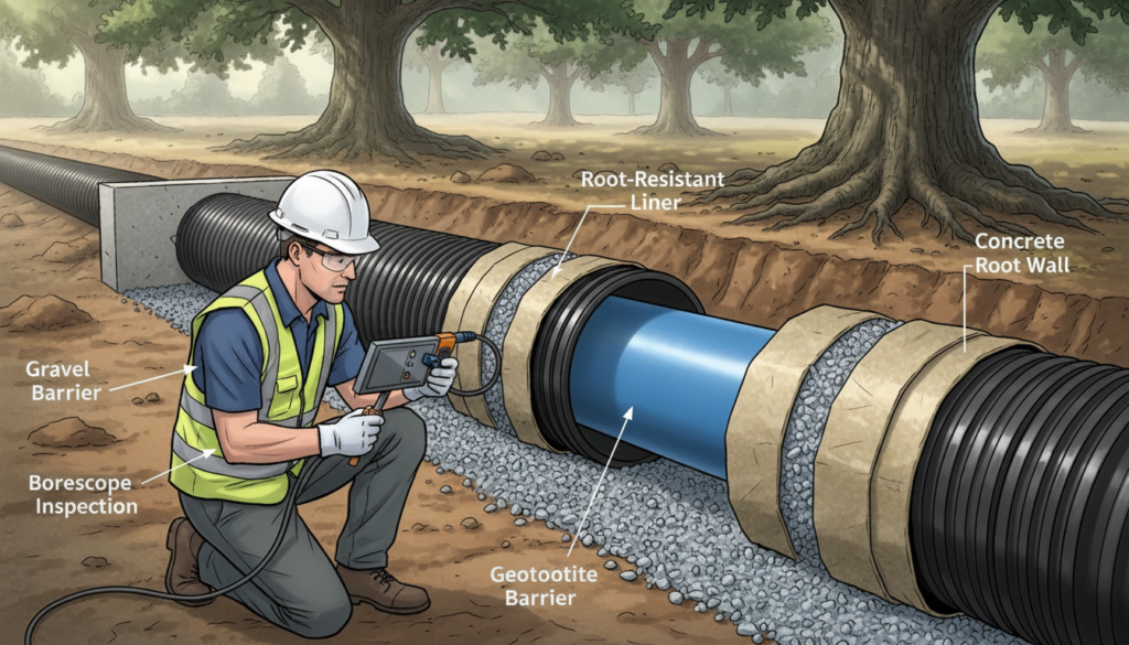 A detailed, technical illustration depicting drainage repair solutions focused on tree root prevention. In the foreground, a close-up view of a professional technician inspecting a drainage system, wearing a hard hat and work gloves, using specialized equipment to assess root intrusion. In the middle, a partially excavated drain pipe showcasing a combination of root barriers and pipe reinforcement techniques, such as root-resistant liners and gravel surrounds. In the background, lush trees with visible roots, illustrating the ongoing challenge, under soft, natural lighting that creates a clear, informative atmosphere. The angle is slightly tilted to emphasize both the technician and the drainage system, ensuring clarity and focus on repair solutions. The mood is practical and solutions-oriented, highlighting effective methods to keep drains free from root intrusion. A detailed, technical illustration depicting drainage repair solutions focused on tree root prevention. In the foreground, a close-up view of a professional technician inspecting a drainage system, wearing a hard hat and work gloves, using specialized equipment to assess root intrusion. In the middle, a partially excavated drain pipe showcasing a combination of root barriers and pipe reinforcement techniques, such as root-resistant liners and gravel surrounds. In the background, lush trees with visible roots, illustrating the ongoing challenge, under soft, natural lighting that creates a clear, informative atmosphere. The angle is slightly tilted to emphasize both the technician and the drainage system, ensuring clarity and focus on repair solutions. The mood is practical and solutions-oriented, highlighting effective methods to keep drains free from root intrusion.
