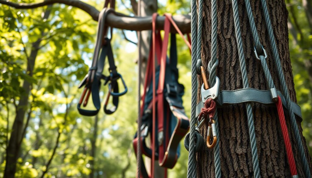 A detailed view of a professional rigging system for tree removal, showcasing a variety of robust ropes, harnesses, and carabiners arranged in a dynamic layout. In the foreground, depict a strong, weathered tree trunk with tensioned ropes attached, highlighting the intricate knots and securing mechanisms used for safety. In the middle ground, include an assortment of harnesses hanging on a nearby sturdy branch, emphasizing their features such as padded straps and sturdy buckles. The background should feature a softly blurred forest setting, with dappled sunlight filtering through the leaves, creating an atmosphere of focus and professionalism. Capture the image with a slight downward angle, simulating the perspective of a climber assessing their equipment while maintaining a bright, natural lighting to enhance visibility and detail. The overall mood should be one of serious preparedness and expertise in tree removal operations. A detailed view of a professional rigging system for tree removal, showcasing a variety of robust ropes, harnesses, and carabiners arranged in a dynamic layout. In the foreground, depict a strong, weathered tree trunk with tensioned ropes attached, highlighting the intricate knots and securing mechanisms used for safety. In the middle ground, include an assortment of harnesses hanging on a nearby sturdy branch, emphasizing their features such as padded straps and sturdy buckles. The background should feature a softly blurred forest setting, with dappled sunlight filtering through the leaves, creating an atmosphere of focus and professionalism. Capture the image with a slight downward angle, simulating the perspective of a climber assessing their equipment while maintaining a bright, natural lighting to enhance visibility and detail. The overall mood should be one of serious preparedness and expertise in tree removal operations.