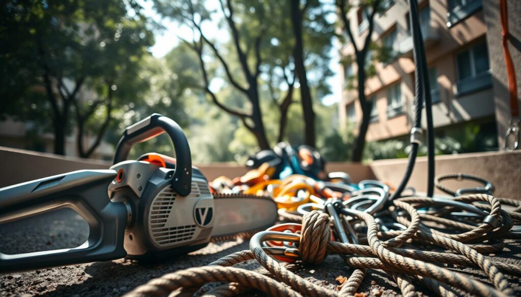 A detailed view of professional tree removal equipment in a confined space, showcasing a compact chainsaw, sturdy harnesses, and specialized ropes lying on the ground. In the foreground, a sleek, metallic chainsaw glistens in bright natural lighting, with focus on its sharp blade and ergonomic design. In the middle, a well-organized array of climbing gear, including carabiners and harnesses, suggests preparation for a precise operation. The background features a dense urban environment with trees surrounded by buildings, creating a sense of challenge and technique. The overall mood is focused and professional, with sunlight filtering through the trees, highlighting the equipment's durability and readiness for action, all captured with a shallow depth of field to emphasize the tools. A detailed view of professional tree removal equipment in a confined space, showcasing a compact chainsaw, sturdy harnesses, and specialized ropes lying on the ground. In the foreground, a sleek, metallic chainsaw glistens in bright natural lighting, with focus on its sharp blade and ergonomic design. In the middle, a well-organized array of climbing gear, including carabiners and harnesses, suggests preparation for a precise operation. The background features a dense urban environment with trees surrounded by buildings, creating a sense of challenge and technique. The overall mood is focused and professional, with sunlight filtering through the trees, highlighting the equipment's durability and readiness for action, all captured with a shallow depth of field to emphasize the tools.