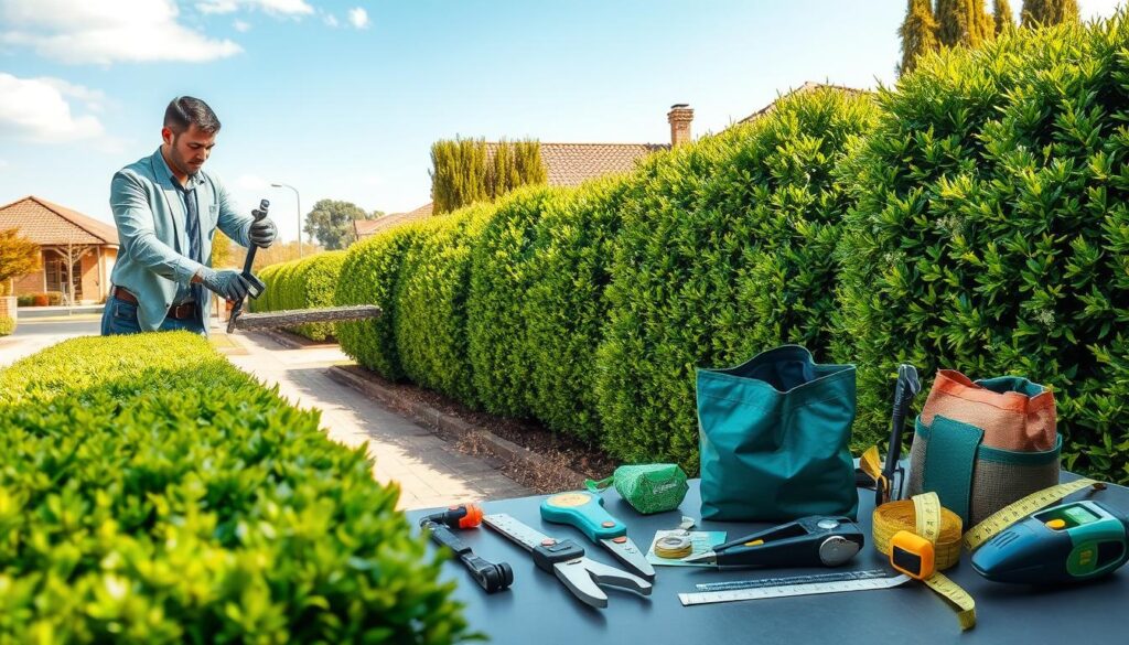 A detailed, visually appealing scene showcasing the concept of hedge trimming prices in Centurion. In the foreground, a well-maintained hedge being shaped by a professional gardener in smart casual clothing, demonstrating precision with a hedge trimmer. The middle section features various tools and materials associated with hedge trimming, such as clippers, bags for clippings, and measuring tape, organized neatly on a surface. In the background, a serene suburban environment in Centurion is visible, with ornamental hedges lining manicured gardens and homes under a bright, sunny sky. Soft, natural lighting enhances the vibrant greenery and gives the image a fresh, inviting atmosphere. The overall mood should reflect professionalism and expertise in landscaping, emphasizing the quality and care involved in hedge trimming services. A detailed, visually appealing scene showcasing the concept of hedge trimming prices in Centurion. In the foreground, a well-maintained hedge being shaped by a professional gardener in smart casual clothing, demonstrating precision with a hedge trimmer. The middle section features various tools and materials associated with hedge trimming, such as clippers, bags for clippings, and measuring tape, organized neatly on a surface. In the background, a serene suburban environment in Centurion is visible, with ornamental hedges lining manicured gardens and homes under a bright, sunny sky. Soft, natural lighting enhances the vibrant greenery and gives the image a fresh, inviting atmosphere. The overall mood should reflect professionalism and expertise in landscaping, emphasizing the quality and care involved in hedge trimming services.