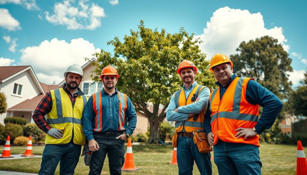 A diverse safety team stands confidently in a residential setting, preparing for tree removal. In the foreground, include three professionals wearing hard hats and reflective vests, showcasing their teamwork and dedication. The middle ground features a large, healthy tree positioned beside a charming house, with safety cones and signage indicating the work zone. The background reveals a blue sky with fluffy clouds, casting natural, soft lighting across the scene. Capture this moment from a slightly elevated angle, emphasizing the team's safety gear and tools, while conveying a sense of preparedness and responsibility. The mood should be focused and attentive, reflecting the serious nature of safety in tree removal practices. A diverse safety team stands confidently in a residential setting, preparing for tree removal. In the foreground, include three professionals wearing hard hats and reflective vests, showcasing their teamwork and dedication. The middle ground features a large, healthy tree positioned beside a charming house, with safety cones and signage indicating the work zone. The background reveals a blue sky with fluffy clouds, casting natural, soft lighting across the scene. Capture this moment from a slightly elevated angle, emphasizing the team's safety gear and tools, while conveying a sense of preparedness and responsibility. The mood should be focused and attentive, reflecting the serious nature of safety in tree removal practices.
