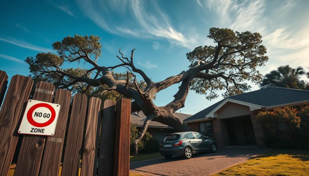 A dramatic scene depicting a tree leaning perilously towards a house in Centurion. In the foreground, include a worn wooden fence, slightly askew, with a “No-Go Zone” sign visibly posted, signaling danger. The middle ground features the tree, its massive trunk bending towards the roof, branches reaching ominously close, while the house is a modest, suburban structure with a sloped roof. On the driveway, a car is parked under the shadow of the tree. In the background, a clear blue sky contrasts with wispy clouds, highlighting the intensity of the situation. Use warm, natural daylight to create a sense of urgency, and frame the scene from a low angle to emphasize the leaning tree’s height and the looming threat it poses. A dramatic scene depicting a tree leaning perilously towards a house in Centurion. In the foreground, include a worn wooden fence, slightly askew, with a “No-Go Zone” sign visibly posted, signaling danger. The middle ground features the tree, its massive trunk bending towards the roof, branches reaching ominously close, while the house is a modest, suburban structure with a sloped roof. On the driveway, a car is parked under the shadow of the tree. In the background, a clear blue sky contrasts with wispy clouds, highlighting the intensity of the situation. Use warm, natural daylight to create a sense of urgency, and frame the scene from a low angle to emphasize the leaning tree’s height and the looming threat it poses.