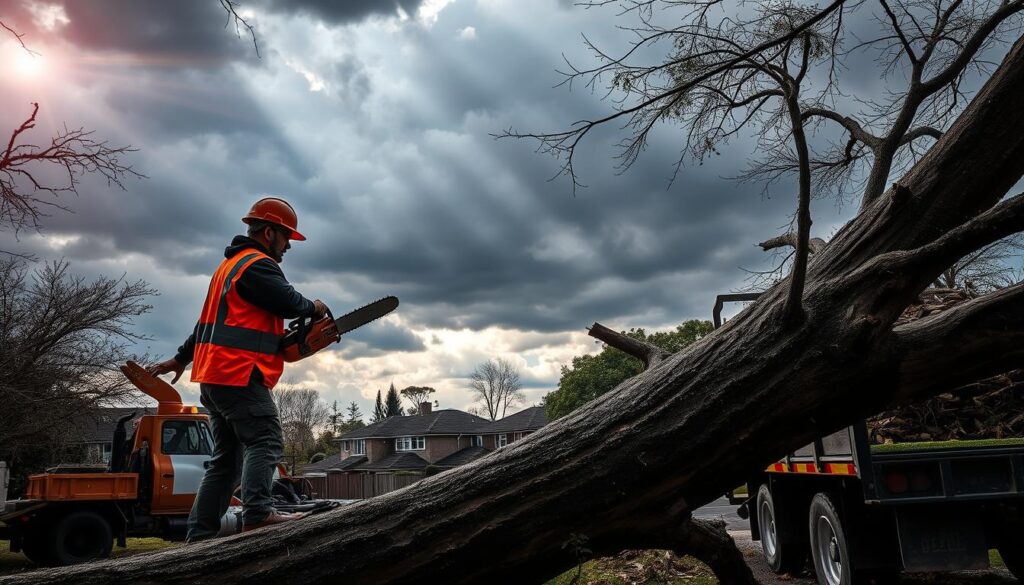A dramatic scene depicting emergency tree removal in Centurion after a fierce storm. In the foreground, a skilled arborist dressed in a bright orange safety vest and hard hat operates a chainsaw on a large fallen tree, showcasing their expertise and concentration. The middle ground displays a variety of equipment, including a wood chipper and a flatbed truck loaded with tree debris, emphasizing the scale of the operation. The background features stormy skies with dark clouds, hinting at recent tumultuous weather, while a suburban neighborhood peeks through in the distance, partially obscured by branches. The lighting is moody and dynamic, with beams of sunlight breaking through the clouds, creating a sense of urgency and action in the air. The image conveys a dramatic yet professional atmosphere of safety and preparedness amidst nature's challenges. A dramatic scene depicting emergency tree removal in Centurion after a fierce storm. In the foreground, a skilled arborist dressed in a bright orange safety vest and hard hat operates a chainsaw on a large fallen tree, showcasing their expertise and concentration. The middle ground displays a variety of equipment, including a wood chipper and a flatbed truck loaded with tree debris, emphasizing the scale of the operation. The background features stormy skies with dark clouds, hinting at recent tumultuous weather, while a suburban neighborhood peeks through in the distance, partially obscured by branches. The lighting is moody and dynamic, with beams of sunlight breaking through the clouds, creating a sense of urgency and action in the air. The image conveys a dramatic yet professional atmosphere of safety and preparedness amidst nature's challenges.