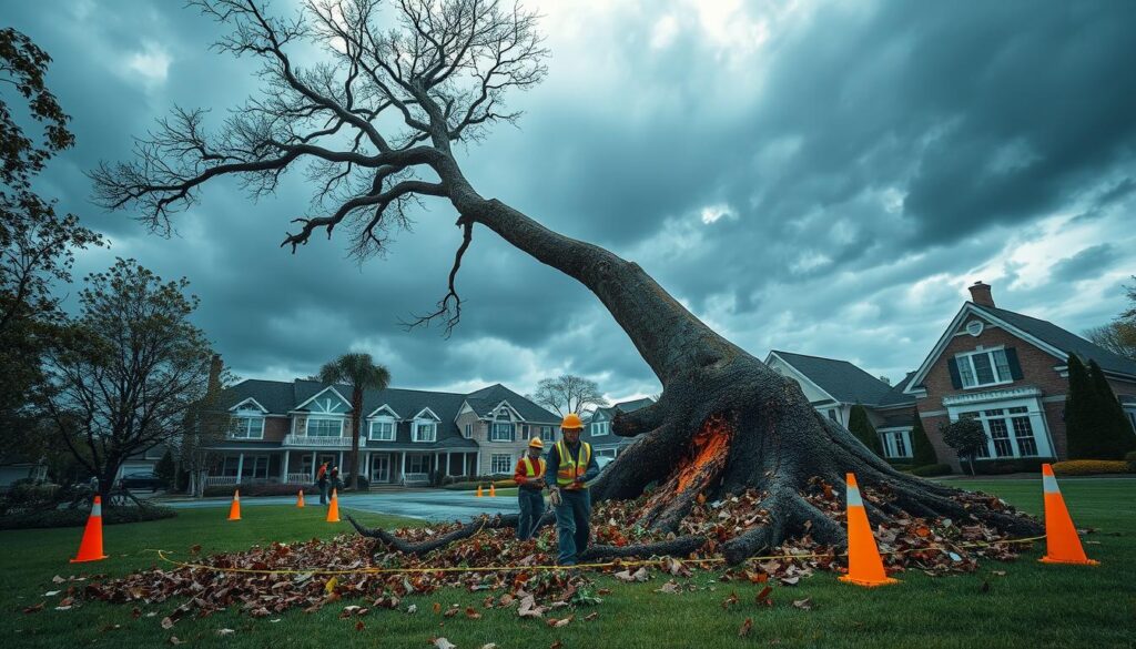 A dramatic scene depicting emergency tree removal in an upscale residential area following a storm. In the foreground, a certified team of arborists in professional work attire is actively cutting down a large, damaged tree with a chainsaw. The arborists, focused and determined, are surrounded by safety equipment and yellow cones marking the work zone. In the middle ground, debris from fallen branches and leaves is scattered across a manicured lawn. In the background, you can see a row of elegant homes with rain-soaked gardens under a cloudy sky, casting a tense yet focused mood. The image is captured with a wide-angle lens to emphasize the scale of the tree and the urgency of the situation, highlighting the blue and gray tones of the overcast sky that evoke a sense of post-storm urgency. A dramatic scene depicting emergency tree removal in an upscale residential area following a storm. In the foreground, a certified team of arborists in professional work attire is actively cutting down a large, damaged tree with a chainsaw. The arborists, focused and determined, are surrounded by safety equipment and yellow cones marking the work zone. In the middle ground, debris from fallen branches and leaves is scattered across a manicured lawn. In the background, you can see a row of elegant homes with rain-soaked gardens under a cloudy sky, casting a tense yet focused mood. The image is captured with a wide-angle lens to emphasize the scale of the tree and the urgency of the situation, highlighting the blue and gray tones of the overcast sky that evoke a sense of post-storm urgency.