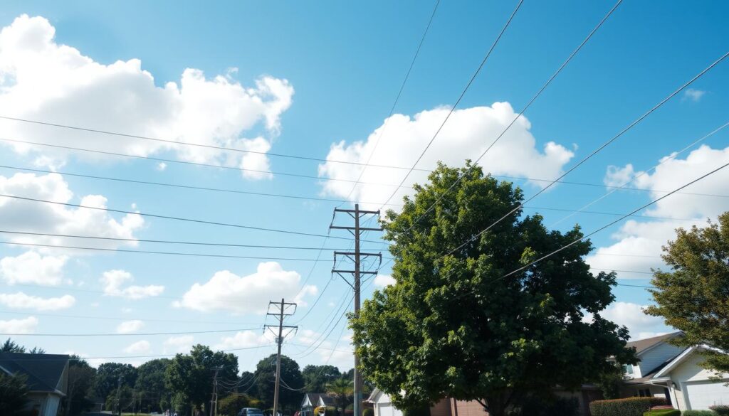 A dramatic scene featuring power lines stretching across a clear blue sky, with fluffy white clouds scattered above. In the foreground, a well-maintained suburban driveway is partially blocked by a large, leafy tree. The tree's branches reach out towards the power lines, creating a sense of tension. The midground includes the power lines, sharply defined against the sky, with their metal poles standing tall and sturdy, showcasing intricate details like wires and insulators. In the background, a hint of a peaceful neighborhood can be seen, with soft lighting that conveys a serene afternoon atmosphere. The image should evoke a sense of caution and awareness of the relationship between household landscapes and utility lines, emphasizing safety in nature. A dramatic scene featuring power lines stretching across a clear blue sky, with fluffy white clouds scattered above. In the foreground, a well-maintained suburban driveway is partially blocked by a large, leafy tree. The tree's branches reach out towards the power lines, creating a sense of tension. The midground includes the power lines, sharply defined against the sky, with their metal poles standing tall and sturdy, showcasing intricate details like wires and insulators. In the background, a hint of a peaceful neighborhood can be seen, with soft lighting that conveys a serene afternoon atmosphere. The image should evoke a sense of caution and awareness of the relationship between household landscapes and utility lines, emphasizing safety in nature.