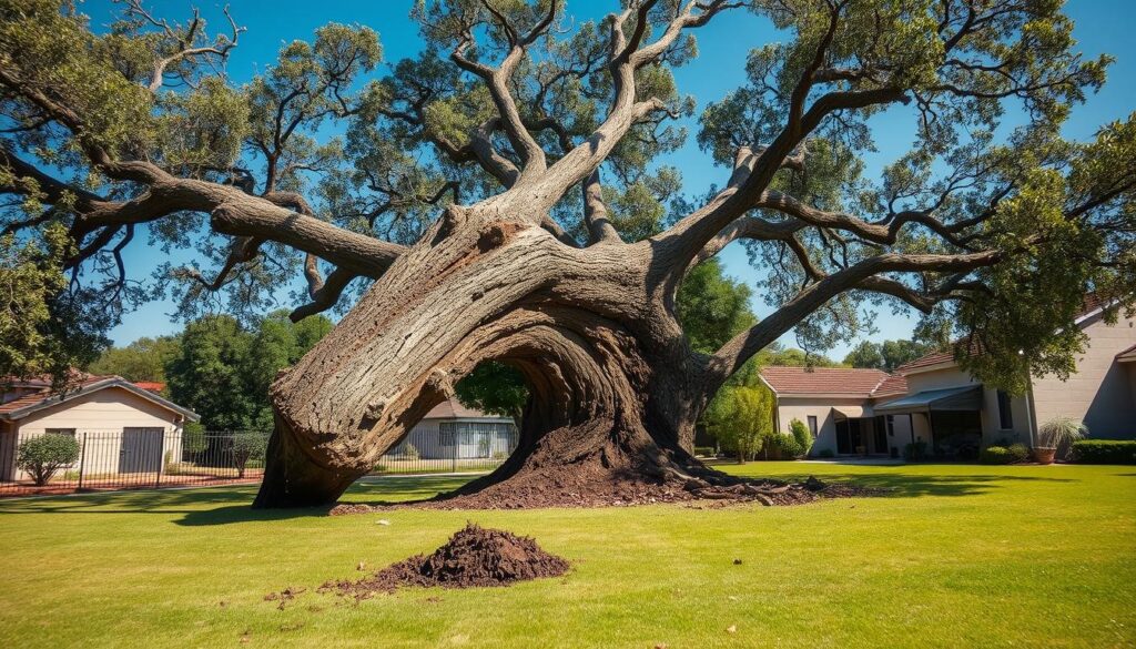 A dramatic scene of a tree falling in a suburban area of Centurion, showcasing the moment of impact with a loud crack reverberating through the air. In the foreground, a large, majestic tree leans precariously before breaking at the trunk, with branches splintering and leaves flying. In the middle, a well-maintained lawn is depicted, with signs of disturbance like overturned soil and scattered debris. In the background, modest homes and a clear blue sky set a serene environment that contrasts the chaos. The lighting is bright and natural, emphasizing the vivid colors of the tree and surrounding landscape, capturing a sense of urgency and potential damage. The mood is tense yet captivating, inviting viewers to reflect on nature's power in urban settings. A dramatic scene of a tree falling in a suburban area of Centurion, showcasing the moment of impact with a loud crack reverberating through the air. In the foreground, a large, majestic tree leans precariously before breaking at the trunk, with branches splintering and leaves flying. In the middle, a well-maintained lawn is depicted, with signs of disturbance like overturned soil and scattered debris. In the background, modest homes and a clear blue sky set a serene environment that contrasts the chaos. The lighting is bright and natural, emphasizing the vivid colors of the tree and surrounding landscape, capturing a sense of urgency and potential damage. The mood is tense yet captivating, inviting viewers to reflect on nature's power in urban settings.