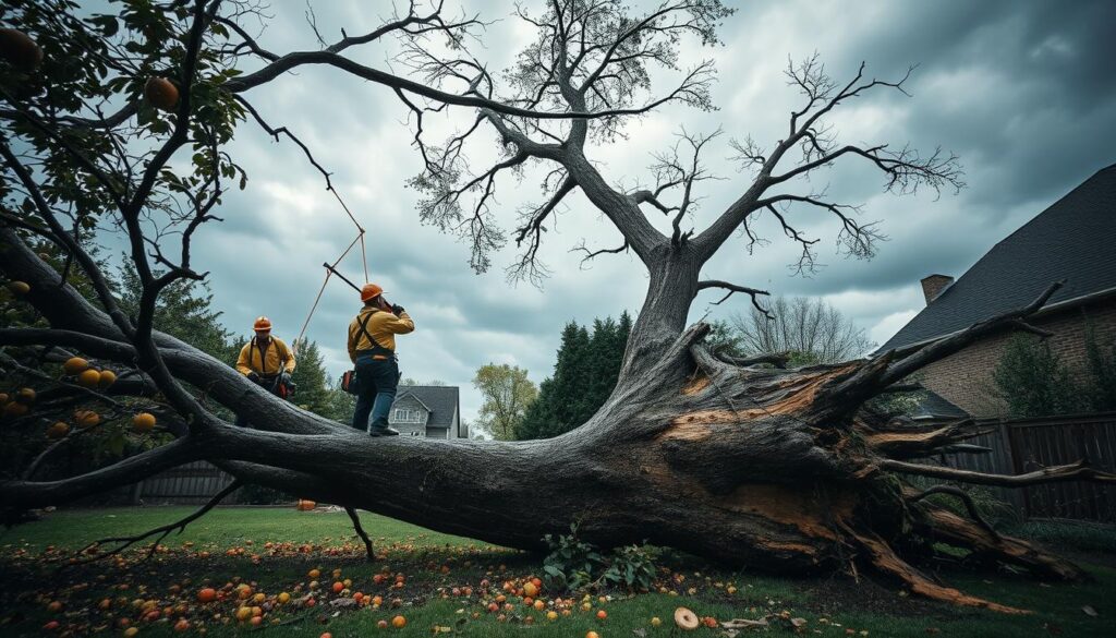 A dramatic scene of an emergency tree removal process after a storm. In the foreground, a large, uprooted fruit tree with broken branches and scattered fruits, showcasing signs of damage and decay. Two professional arborists in safety gear assess the situation, using chainsaws and ropes to prepare for removal. In the middle ground, a residential yard is visible, littered with debris, while a nearby fence leans precariously. The background features stormy skies with dark clouds, hinting at recent turbulent weather, creating a tense atmosphere. The lighting is moody and diffuse, reflecting an overcast day, while a low-angle shot captures the scale of the fallen tree and the urgency of the situation. A dramatic scene of an emergency tree removal process after a storm. In the foreground, a large, uprooted fruit tree with broken branches and scattered fruits, showcasing signs of damage and decay. Two professional arborists in safety gear assess the situation, using chainsaws and ropes to prepare for removal. In the middle ground, a residential yard is visible, littered with debris, while a nearby fence leans precariously. The background features stormy skies with dark clouds, hinting at recent turbulent weather, creating a tense atmosphere. The lighting is moody and diffuse, reflecting an overcast day, while a low-angle shot captures the scale of the fallen tree and the urgency of the situation.