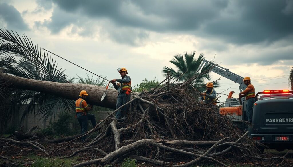 A dramatic scene of emergency tree removal after a recent storm in Centurion. In the foreground, a professional tree removal crew in safety gear uses chainsaws and ropes to expertly remove a large, toppled palm tree. They display focused expressions, working diligently amid scattered branches and debris. In the middle ground, another worker operates a wood chipper, converting branches into mulch, while a truck with flashing lights is parked nearby, indicating urgency. The background features a cloudy, overcast sky with hints of blue breaking through, enhancing the storm aftermath atmosphere. The scene is illuminated with soft, diffused daylight, casting natural shadows that accentuate the equipment and the dynamic movements of the team, conveying a sense of urgency and professionalism in storm response efforts. A dramatic scene of emergency tree removal after a recent storm in Centurion. In the foreground, a professional tree removal crew in safety gear uses chainsaws and ropes to expertly remove a large, toppled palm tree. They display focused expressions, working diligently amid scattered branches and debris. In the middle ground, another worker operates a wood chipper, converting branches into mulch, while a truck with flashing lights is parked nearby, indicating urgency. The background features a cloudy, overcast sky with hints of blue breaking through, enhancing the storm aftermath atmosphere. The scene is illuminated with soft, diffused daylight, casting natural shadows that accentuate the equipment and the dynamic movements of the team, conveying a sense of urgency and professionalism in storm response efforts.