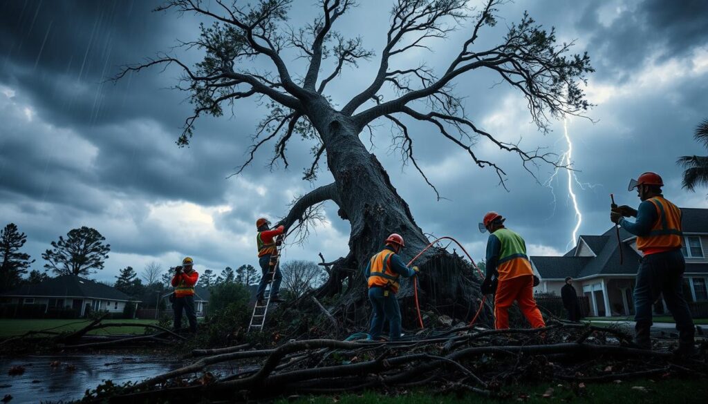 A dramatic scene of emergency tree removal during a storm. In the foreground, a professional tree removal team, wearing high-visibility safety gear and helmets, is actively cutting down a large, unstable tree with power tools. The trunk splinters under the strain, while branches sway in the strong wind. In the middle ground, fallen branches and debris scatter across a wet ground, reflecting the chaos of the storm. Dark storm clouds fill the sky, with rain pouring down, creating a tense, urgent atmosphere. In the background, blurred outlines of a suburban neighborhood can be seen, emphasizing the immediacy of the situation. The image is capture from a slightly low angle to highlight the towering tree and the intensity of the moment, illuminated by flashes of lightning for added drama. A dramatic scene of emergency tree removal during a storm. In the foreground, a professional tree removal team, wearing high-visibility safety gear and helmets, is actively cutting down a large, unstable tree with power tools. The trunk splinters under the strain, while branches sway in the strong wind. In the middle ground, fallen branches and debris scatter across a wet ground, reflecting the chaos of the storm. Dark storm clouds fill the sky, with rain pouring down, creating a tense, urgent atmosphere. In the background, blurred outlines of a suburban neighborhood can be seen, emphasizing the immediacy of the situation. The image is capture from a slightly low angle to highlight the towering tree and the intensity of the moment, illuminated by flashes of lightning for added drama.