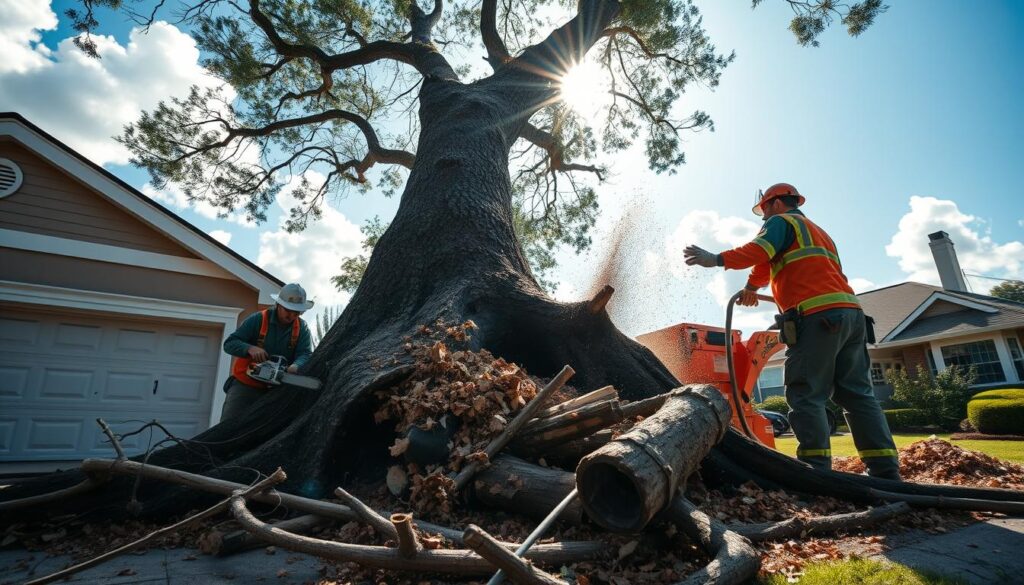 A dramatic scene of emergency tree removal in a suburban driveway, with a large, uprooted tree partially blocking the entrance of a modern home. In the foreground, a professional arborist in a hard hat and safety gear uses a chainsaw to cut through the thick trunk, surrounded by fallen branches and debris. In the middle, a second technician maneuvers a wood chipper, creating a cloud of woodchips that catches the sunlight. In the background, clear blue skies with fluffy white clouds, and the neighborhood houses, conveying a serene yet urgent atmosphere. The lighting is bright and natural, with sun rays peeking through the tree canopy, emphasizing the urgency of the situation. The angle captures both the action and the challenge posed by the fallen tree. A dramatic scene of emergency tree removal in a suburban driveway, with a large, uprooted tree partially blocking the entrance of a modern home. In the foreground, a professional arborist in a hard hat and safety gear uses a chainsaw to cut through the thick trunk, surrounded by fallen branches and debris. In the middle, a second technician maneuvers a wood chipper, creating a cloud of woodchips that catches the sunlight. In the background, clear blue skies with fluffy white clouds, and the neighborhood houses, conveying a serene yet urgent atmosphere. The lighting is bright and natural, with sun rays peeking through the tree canopy, emphasizing the urgency of the situation. The angle captures both the action and the challenge posed by the fallen tree.