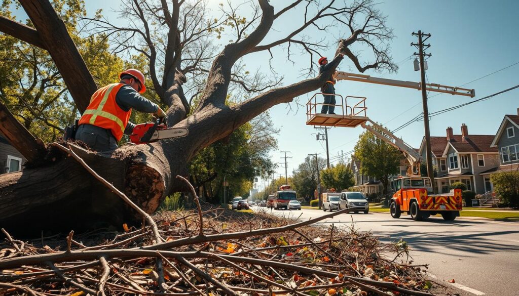 A dramatic scene of emergency tree removal in an urban environment, capturing a skilled arborist in professional attire operating a chainsaw to safely cut down a large, hazardous tree during a sunny day. In the foreground, fallen branches and debris are scattered, highlighting the urgency of the situation. The middle ground features a cherry picker elevating another worker who is preparing to remove high branches. In the background, a suburban street is visible, lined with houses and emergency vehicles, under a clear blue sky. Natural daylight casts dynamic shadows, enhancing the sense of urgency and activity. The mood is tense yet focused, emphasizing the importance of swift action to prevent danger. A dramatic scene of emergency tree removal in an urban environment, capturing a skilled arborist in professional attire operating a chainsaw to safely cut down a large, hazardous tree during a sunny day. In the foreground, fallen branches and debris are scattered, highlighting the urgency of the situation. The middle ground features a cherry picker elevating another worker who is preparing to remove high branches. In the background, a suburban street is visible, lined with houses and emergency vehicles, under a clear blue sky. Natural daylight casts dynamic shadows, enhancing the sense of urgency and activity. The mood is tense yet focused, emphasizing the importance of swift action to prevent danger.