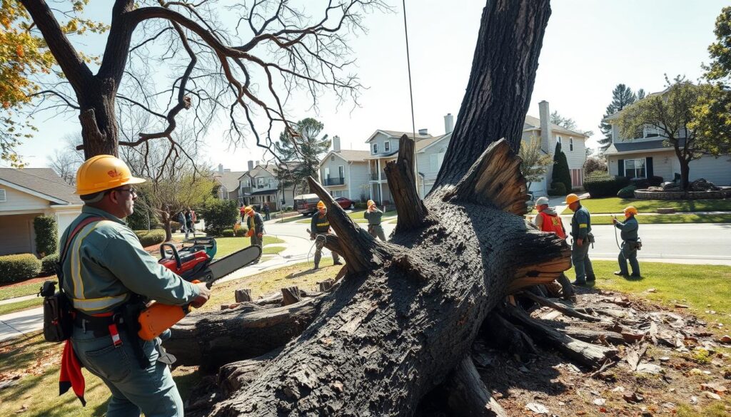 A dramatic scene of emergency tree removal. In the foreground, a professional arborist in a hard hat and safety gear uses a chainsaw to cut down a large, dead tree, with jagged branches and a decayed trunk. The middle ground features a team of workers, some holding ropes and others guiding the falling tree safely to the ground. In the background, a suburban neighborhood is visible, with houses and manicured lawns, adding context to the urgency of the situation. The lighting is bright and clear, mimicking midday sun, casting distinct shadows on the ground, emphasizing the action. The overall mood is tense yet controlled, capturing the essential nature of emergency tree removal for safety. A dramatic scene of emergency tree removal. In the foreground, a professional arborist in a hard hat and safety gear uses a chainsaw to cut down a large, dead tree, with jagged branches and a decayed trunk. The middle ground features a team of workers, some holding ropes and others guiding the falling tree safely to the ground. In the background, a suburban neighborhood is visible, with houses and manicured lawns, adding context to the urgency of the situation. The lighting is bright and clear, mimicking midday sun, casting distinct shadows on the ground, emphasizing the action. The overall mood is tense yet controlled, capturing the essential nature of emergency tree removal for safety.