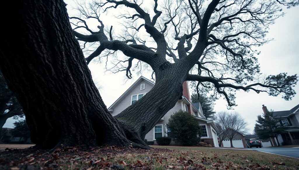 A dramatic scene showcasing a tree dangerously leaning towards a house in a suburban neighborhood, emphasizing the potential hazard. In the foreground, a large oak tree slants precariously, its roots visibly lifting from the ground, hinting at structural instability. In the middle ground, a charming two-story house with classic architecture is partially in focus, creating a stark contrast to the leaning tree. The background captures a cloudy sky, adding to the tension of the scene. Soft, diffused lighting gives the image an ominous yet realistic feel, while the angle captures the tree from a low perspective, emphasizing its height and precariousness. The mood is urgent and concerning, illustrating the potential emergency of a leaning tree. A dramatic scene showcasing a tree dangerously leaning towards a house in a suburban neighborhood, emphasizing the potential hazard. In the foreground, a large oak tree slants precariously, its roots visibly lifting from the ground, hinting at structural instability. In the middle ground, a charming two-story house with classic architecture is partially in focus, creating a stark contrast to the leaning tree. The background captures a cloudy sky, adding to the tension of the scene. Soft, diffused lighting gives the image an ominous yet realistic feel, while the angle captures the tree from a low perspective, emphasizing its height and precariousness. The mood is urgent and concerning, illustrating the potential emergency of a leaning tree.