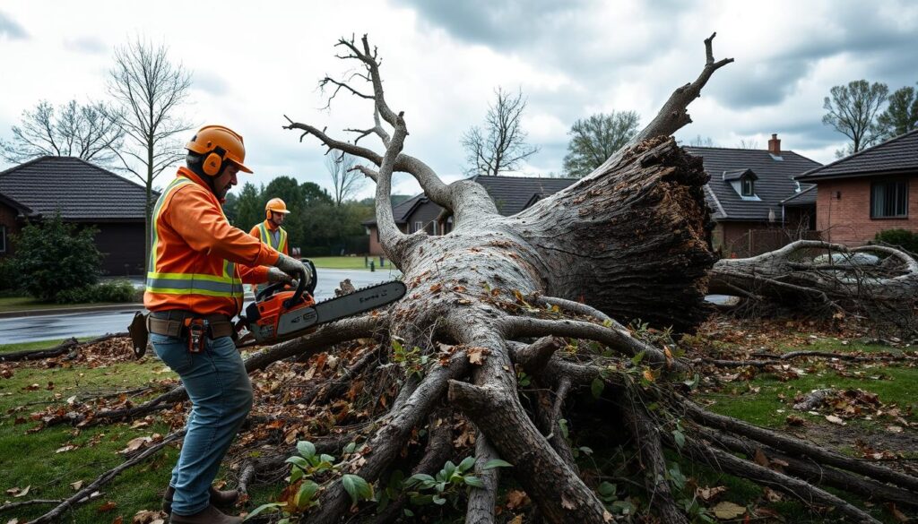 A dynamic scene depicting a professional tree removal team in Centurion responding to storm damage. In the foreground, focused tree removal specialists in safety gear, including helmets and heavy-duty gloves, operate a chainsaw to fell a large, uprooted tree. The middle ground features the fallen tree, with branches and leaves scattered, highlighting the impact of the recent storm. In the background, a residential neighborhood with storm-damaged houses and darkened skies conveys the urgency of the situation. The image should be captured in natural light, under an overcast sky, with a slight tilt-down angle to emphasize action and intensity, creating a moody atmosphere that reflects the challenges of emergency tree felling work. A dynamic scene depicting a professional tree removal team in Centurion responding to storm damage. In the foreground, focused tree removal specialists in safety gear, including helmets and heavy-duty gloves, operate a chainsaw to fell a large, uprooted tree. The middle ground features the fallen tree, with branches and leaves scattered, highlighting the impact of the recent storm. In the background, a residential neighborhood with storm-damaged houses and darkened skies conveys the urgency of the situation. The image should be captured in natural light, under an overcast sky, with a slight tilt-down angle to emphasize action and intensity, creating a moody atmosphere that reflects the challenges of emergency tree felling work.