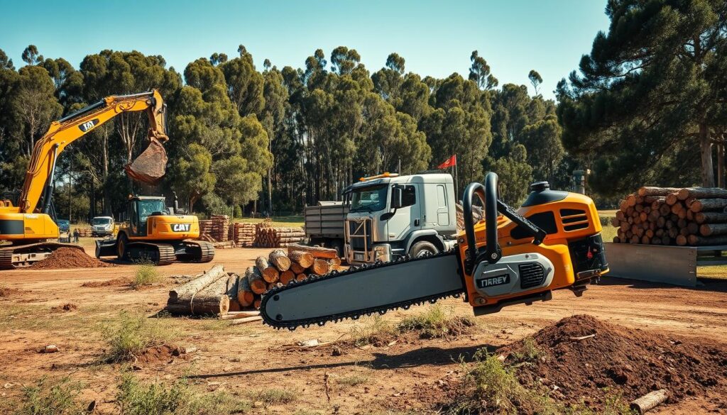 A dynamic scene depicting specialized equipment for large-scale eucalyptus tree removal. In the foreground, feature a cutting-edge tree feller with a massive chainsaw designed for efficiency, gleaming under bright sunlight. In the middle ground, position a sturdy heavy-duty truck equipped with a large wood chipper, surrounded by neatly stacked logs ready for processing. To the left, showcase an excavator skillfully maneuvering to uproot a eucalyptus tree, highlighting its powerful hydraulic arm. The background features a serene landscape of eucalyptus trees interspersed with actively working machinery, emphasizing a professional setting. Capture the scene with a slight aerial view to convey scale, using bright, natural lighting and a clear blue sky to create an atmosphere of productivity and focus. A dynamic scene depicting specialized equipment for large-scale eucalyptus tree removal. In the foreground, feature a cutting-edge tree feller with a massive chainsaw designed for efficiency, gleaming under bright sunlight. In the middle ground, position a sturdy heavy-duty truck equipped with a large wood chipper, surrounded by neatly stacked logs ready for processing. To the left, showcase an excavator skillfully maneuvering to uproot a eucalyptus tree, highlighting its powerful hydraulic arm. The background features a serene landscape of eucalyptus trees interspersed with actively working machinery, emphasizing a professional setting. Capture the scene with a slight aerial view to convey scale, using bright, natural lighting and a clear blue sky to create an atmosphere of productivity and focus.
