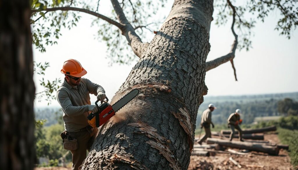 A dynamic scene depicting tree felling in Raslouw AH, Centurion, with a focus on a professional tree removal team. In the foreground, a skilled worker wearing a hard hat and safety gear operates a chainsaw, skillfully cutting through a large tree trunk. In the middle ground, additional team members are seen managing fallen branches and logs, dressed in professional attire, emphasizing safety. The background showcases a serene landscape of green foliage and distant trees, contrasting with the active work area. Soft, natural lighting highlights the textures of the bark and the workers' focused expressions, creating an atmosphere of diligence and expertise. The image is captured from a slightly elevated angle to encompass both the workers and the impressive size of the tree being felled, conveying the magnitude of the task at hand. A dynamic scene depicting tree felling in Raslouw AH, Centurion, with a focus on a professional tree removal team. In the foreground, a skilled worker wearing a hard hat and safety gear operates a chainsaw, skillfully cutting through a large tree trunk. In the middle ground, additional team members are seen managing fallen branches and logs, dressed in professional attire, emphasizing safety. The background showcases a serene landscape of green foliage and distant trees, contrasting with the active work area. Soft, natural lighting highlights the textures of the bark and the workers' focused expressions, creating an atmosphere of diligence and expertise. The image is captured from a slightly elevated angle to encompass both the workers and the impressive size of the tree being felled, conveying the magnitude of the task at hand.