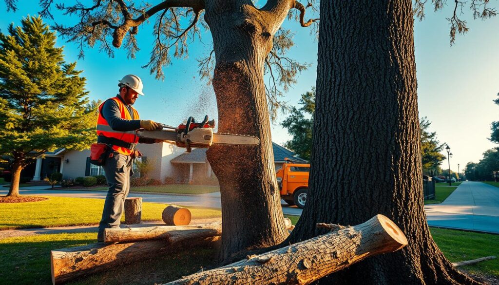 A dynamic scene of a tree felling operation in a suburban area, showcasing a professional arborist in safety gear, including a hard hat and gloves, skillfully cutting down a large, mature tree. In the foreground, the tree is being sliced through with a chainsaw, with visible sawdust flying around. The middle ground features several felled tree trunks on the ground, while a wood chipper processes fallen branches. The background displays a landscaped property with well-kept lawns and a driveway, under a clear blue sky bathed in warm afternoon light. The atmosphere feels industrious yet controlled, emphasizing both efficiency and safety in tree removal. Capture the image from a slightly elevated angle to provide a comprehensive view of the scene. A dynamic scene of a tree felling operation in a suburban area, showcasing a professional arborist in safety gear, including a hard hat and gloves, skillfully cutting down a large, mature tree. In the foreground, the tree is being sliced through with a chainsaw, with visible sawdust flying around. The middle ground features several felled tree trunks on the ground, while a wood chipper processes fallen branches. The background displays a landscaped property with well-kept lawns and a driveway, under a clear blue sky bathed in warm afternoon light. The atmosphere feels industrious yet controlled, emphasizing both efficiency and safety in tree removal. Capture the image from a slightly elevated angle to provide a comprehensive view of the scene.