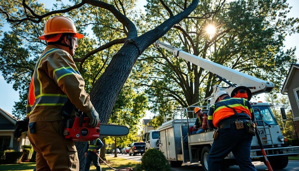 A dynamic scene of emergency tree removal in a suburban neighborhood. In the foreground, a certified arborist in bright safety gear operates a chainsaw, focused on a large, precariously leaning tree about to be cut down. The arborist is wearing a hard hat and safety goggles, emphasizing professionalism amidst danger. In the middle ground, a large truck with an extended lift is parked, ready to assist; a second arborist, also in safety attire, is preparing equipment. The background showcases a clear blue sky with sunlight filtering through the trees, casting dappled light on the scene, creating a sense of urgency and teamwork. The composition should reflect a high-risk yet controlled environment, capturing the seriousness of emergency tree care. A dynamic scene of emergency tree removal in a suburban neighborhood. In the foreground, a certified arborist in bright safety gear operates a chainsaw, focused on a large, precariously leaning tree about to be cut down. The arborist is wearing a hard hat and safety goggles, emphasizing professionalism amidst danger. In the middle ground, a large truck with an extended lift is parked, ready to assist; a second arborist, also in safety attire, is preparing equipment. The background showcases a clear blue sky with sunlight filtering through the trees, casting dappled light on the scene, creating a sense of urgency and teamwork. The composition should reflect a high-risk yet controlled environment, capturing the seriousness of emergency tree care.