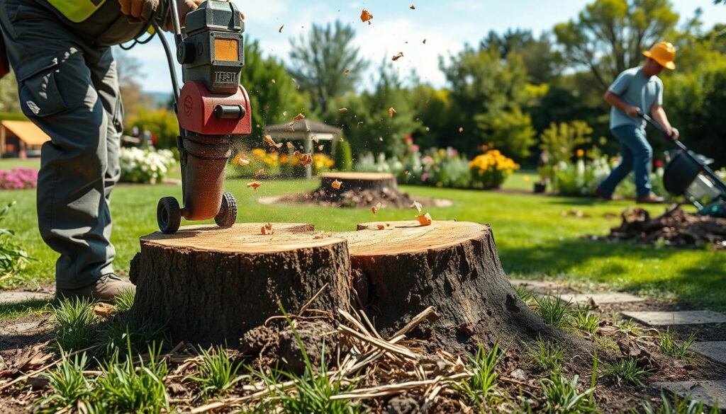 A dynamic scene of stump removal in a well-maintained garden. In the foreground, a professional worker in a sturdy outfit uses a stump grinder on a freshly cut tree stump, with wood chips flying around. The middle features the remnants of the tree trunk, revealing its intricate textures and growth rings, while a second worker clears debris nearby, showcasing teamwork in garden maintenance. The background shows a lush garden with vibrant green grass, flowering plants, and a clear blue sky, suggesting a sunny and productive day. Soft, natural lighting casts gentle shadows, creating a serene yet industrious atmosphere. The angle is slightly elevated, capturing both the action and the beautiful surroundings, emphasizing the transformation of the space. A dynamic scene of stump removal in a well-maintained garden. In the foreground, a professional worker in a sturdy outfit uses a stump grinder on a freshly cut tree stump, with wood chips flying around. The middle features the remnants of the tree trunk, revealing its intricate textures and growth rings, while a second worker clears debris nearby, showcasing teamwork in garden maintenance. The background shows a lush garden with vibrant green grass, flowering plants, and a clear blue sky, suggesting a sunny and productive day. Soft, natural lighting casts gentle shadows, creating a serene yet industrious atmosphere. The angle is slightly elevated, capturing both the action and the beautiful surroundings, emphasizing the transformation of the space.