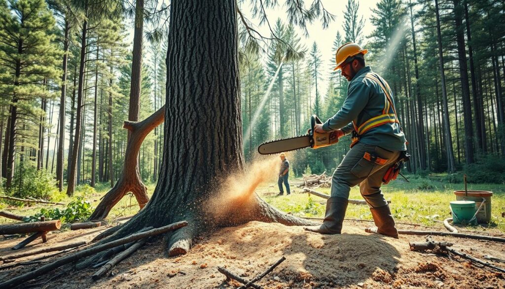 A dynamic scene of tree felling in an open forest, showcasing a skilled professional in a hard hat and safety gear, expertly using a chainsaw to cut down a large pine tree. The foreground features scattered sawdust and fallen branches, capturing the intensity of the task. In the middle ground, the tree is leaning slightly, poised to fall, while another worker stands safely at a distance, observing the process. The background presents a lush, green forest with shafts of sunlight filtering through the canopy, creating a warm and natural atmosphere. The image is captured from a slightly low angle to emphasize the height of the tree and the action taking place, with vibrant colors highlighting the contrast between the tree's bark and the surrounding greenery. A dynamic scene of tree felling in an open forest, showcasing a skilled professional in a hard hat and safety gear, expertly using a chainsaw to cut down a large pine tree. The foreground features scattered sawdust and fallen branches, capturing the intensity of the task. In the middle ground, the tree is leaning slightly, poised to fall, while another worker stands safely at a distance, observing the process. The background presents a lush, green forest with shafts of sunlight filtering through the canopy, creating a warm and natural atmosphere. The image is captured from a slightly low angle to emphasize the height of the tree and the action taking place, with vibrant colors highlighting the contrast between the tree's bark and the surrounding greenery.