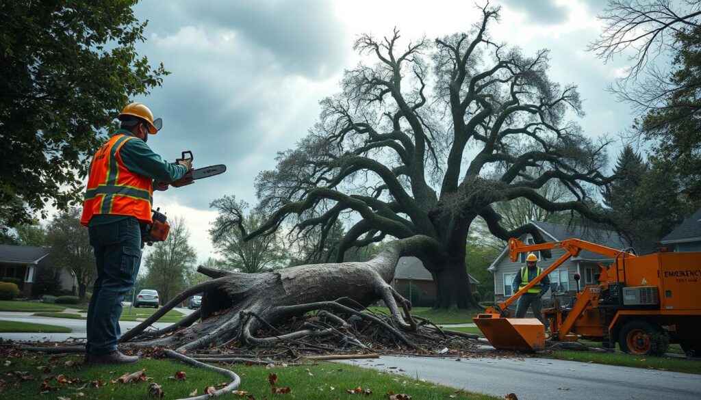 A dynamic scene showcasing emergency tree services in action after a storm. In the foreground, a professional arborist in a bright safety vest and helmet is skillfully trimming a large, partially fallen tree with a chainsaw. The middle ground features a large, damaged oak tree, its branches scattered around, while a crew member operates a wood chipper nearby. In the background, storm clouds linger with rays of sunlight breaking through, creating a dramatic atmosphere. The setting is a suburban neighborhood with debris littered on the ground. Use a slightly elevated angle to capture the urgency of the situation, with a focus on the busy activity while emphasizing the necessity for safety and professionalism. The lighting should be natural, enhancing the contrast between the tree's earthy tones and the bright colors of the emergency team. A dynamic scene showcasing emergency tree services in action after a storm. In the foreground, a professional arborist in a bright safety vest and helmet is skillfully trimming a large, partially fallen tree with a chainsaw. The middle ground features a large, damaged oak tree, its branches scattered around, while a crew member operates a wood chipper nearby. In the background, storm clouds linger with rays of sunlight breaking through, creating a dramatic atmosphere. The setting is a suburban neighborhood with debris littered on the ground. Use a slightly elevated angle to capture the urgency of the situation, with a focus on the busy activity while emphasizing the necessity for safety and professionalism. The lighting should be natural, enhancing the contrast between the tree's earthy tones and the bright colors of the emergency team.