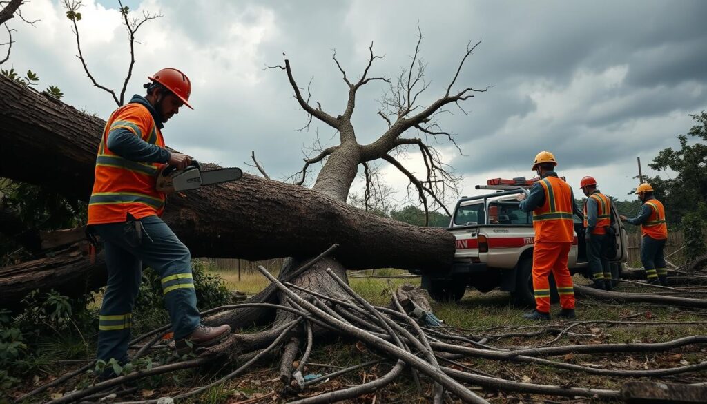 A fast storm response scene in Centurion, featuring a crew of professional tree surgeons in safety gear, hurriedly assessing and felling a large, damaged tree after a storm. In the foreground, a tree surgeon uses a chainsaw to cut through the trunk, while a colleague holds branches back for safety. In the middle ground, a pickup truck equipped with tools and emergency supplies is visible, surrounded by scattered branches and debris. In the background, storm clouds loom, casting a dramatic light that emphasizes the urgency of the situation. The atmosphere is tense yet focused, showcasing the importance of swift action in the aftermath of a storm. The lens captures the scene at a dynamic angle, highlighting the intense work against a moody, stormy sky. A fast storm response scene in Centurion, featuring a crew of professional tree surgeons in safety gear, hurriedly assessing and felling a large, damaged tree after a storm. In the foreground, a tree surgeon uses a chainsaw to cut through the trunk, while a colleague holds branches back for safety. In the middle ground, a pickup truck equipped with tools and emergency supplies is visible, surrounded by scattered branches and debris. In the background, storm clouds loom, casting a dramatic light that emphasizes the urgency of the situation. The atmosphere is tense yet focused, showcasing the importance of swift action in the aftermath of a storm. The lens captures the scene at a dynamic angle, highlighting the intense work against a moody, stormy sky.