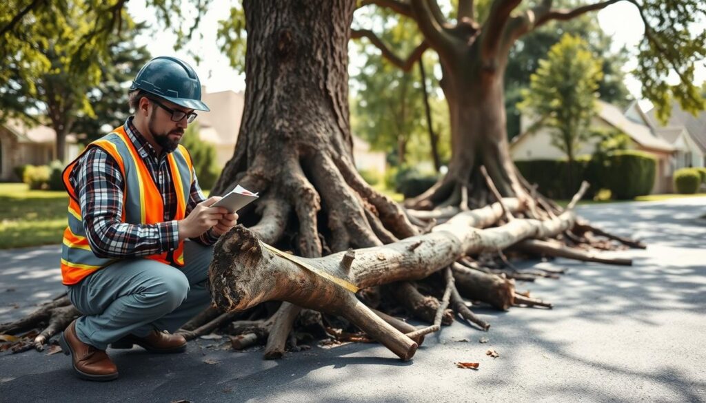 A focused scene depicting a professional wearing safety gear, kneeling beside the base of a large, uprooted tree with several visible limbs lying across a driveway. In the foreground, the professional inspects the limbs carefully, using a notepad and a tape measure, emphasizing a thorough hazard assessment. The middle ground shows the tree trunk with exposed roots and broken branches scattered around, while the background presents a suburban setting with houses and a clear sky. The lighting is natural, with soft sunlight filtering through the branches, castings gentle shadows on the driveway. The mood is serious yet composed, conveying diligence in safety while assessing the potential hazards of fallen tree limbs obstructing access. A focused scene depicting a professional wearing safety gear, kneeling beside the base of a large, uprooted tree with several visible limbs lying across a driveway. In the foreground, the professional inspects the limbs carefully, using a notepad and a tape measure, emphasizing a thorough hazard assessment. The middle ground shows the tree trunk with exposed roots and broken branches scattered around, while the background presents a suburban setting with houses and a clear sky. The lighting is natural, with soft sunlight filtering through the branches, castings gentle shadows on the driveway. The mood is serious yet composed, conveying diligence in safety while assessing the potential hazards of fallen tree limbs obstructing access.