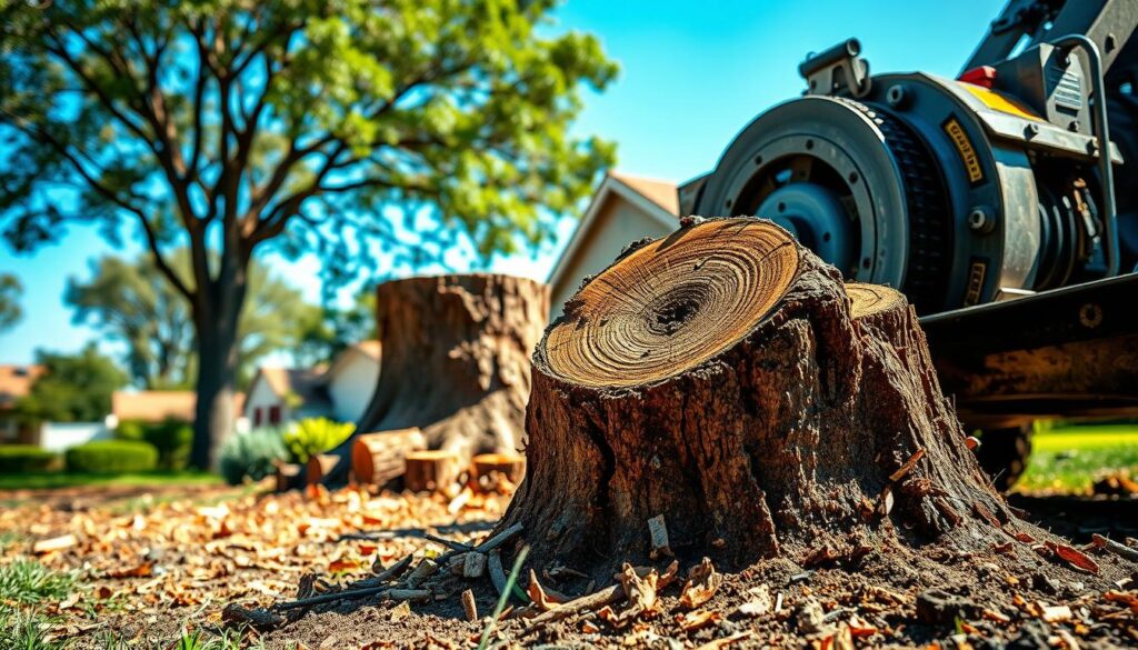 A focused scene depicting a stump removal operation in Centurion, showcasing a large, powerful stump grinder in the foreground, equipped with sharp blades and a robust frame. The mid-ground features a freshly cut stump with wood chips scattered around, illustrating the grinding process. In the background, a vibrant suburban setting with trees and a clear blue sky adds context, emphasizing the residential nature of the area. The scene is illuminated by soft, natural sunlight, creating a welcoming atmosphere. Capture this from a slightly elevated angle to provide depth, ensuring a professional and efficient feel while highlighting the cost-effective nature of the service. No people present in the image. A focused scene depicting a stump removal operation in Centurion, showcasing a large, powerful stump grinder in the foreground, equipped with sharp blades and a robust frame. The mid-ground features a freshly cut stump with wood chips scattered around, illustrating the grinding process. In the background, a vibrant suburban setting with trees and a clear blue sky adds context, emphasizing the residential nature of the area. The scene is illuminated by soft, natural sunlight, creating a welcoming atmosphere. Capture this from a slightly elevated angle to provide depth, ensuring a professional and efficient feel while highlighting the cost-effective nature of the service. No people present in the image.