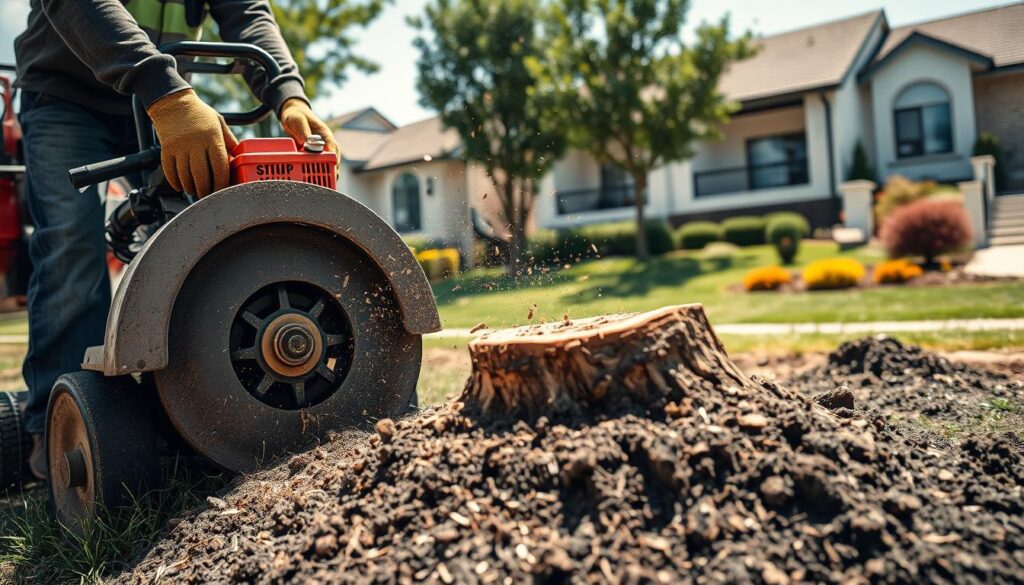 A focused scene of a stump removal process in an urban Centurion setting. In the foreground, a professional in work gloves and a safety helmet operates a stump grinder, revealing the wood shavings flying around. The middle ground features a freshly ground stump, surrounded by compacted soil and debris, demonstrating the method of grinding. In the background, a tidy neighborhood with modern homes and manicured lawns hints at residential areas in Centurion. The lighting is bright and natural, suggesting a sunny day, while the angle captures the action dynamically from a slight elevation, adding depth. The atmosphere feels industrious yet professional, showcasing an important landscaping service. A focused scene of a stump removal process in an urban Centurion setting. In the foreground, a professional in work gloves and a safety helmet operates a stump grinder, revealing the wood shavings flying around. The middle ground features a freshly ground stump, surrounded by compacted soil and debris, demonstrating the method of grinding. In the background, a tidy neighborhood with modern homes and manicured lawns hints at residential areas in Centurion. The lighting is bright and natural, suggesting a sunny day, while the angle captures the action dynamically from a slight elevation, adding depth. The atmosphere feels industrious yet professional, showcasing an important landscaping service.