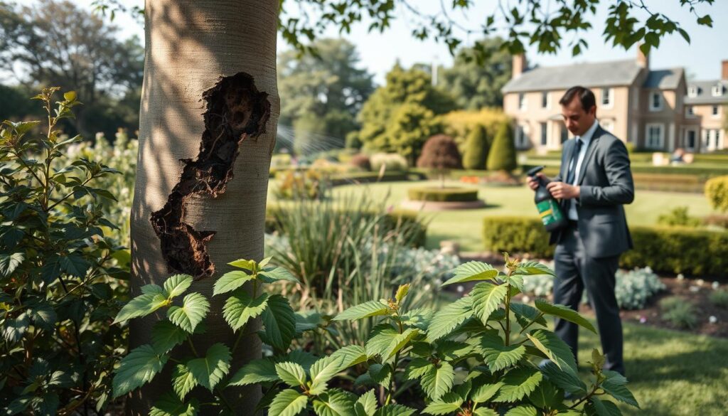 A focused scene showcasing the treatment process for shot hole borer infestations in a garden setting. In the foreground, a professional in business attire is carefully applying an environmentally friendly pesticide to a damaged tree, highlighting the severity of the beetle's impact. The midground features various garden plants with visible signs of borer damage, such as small holes and wilting leaves, emphasizing the importance of treatment. In the background, a lush garden landscape transitions to a well-maintained estate, portraying the broader context of pest management. Soft, natural lighting casts gentle shadows, enhancing the serene yet urgent atmosphere. A slight upward angle captures the action, conveying a sense of purpose and focus on pest control strategies. A focused scene showcasing the treatment process for shot hole borer infestations in a garden setting. In the foreground, a professional in business attire is carefully applying an environmentally friendly pesticide to a damaged tree, highlighting the severity of the beetle's impact. The midground features various garden plants with visible signs of borer damage, such as small holes and wilting leaves, emphasizing the importance of treatment. In the background, a lush garden landscape transitions to a well-maintained estate, portraying the broader context of pest management. Soft, natural lighting casts gentle shadows, enhancing the serene yet urgent atmosphere. A slight upward angle captures the action, conveying a sense of purpose and focus on pest control strategies.