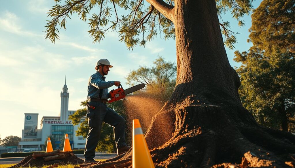 A focused tree felling scene set in Centurion, South Africa, showcasing a professional arborist in modest, functional work attire. In the foreground, a skilled tree worker uses a chainsaw to safely fell a healthy tree, ensuring the area is secure and well-organized. The mid-ground features piles of neatly cut logs and a bright yellow safety cone marking the work zone. In the background, iconic Centurion landmarks, like the Centurion Mall and the Tshwane University of Technology, subtly blend with blue skies and wispy clouds. The lighting is warm and natural, with golden hour sunlight illuminating the scene, casting gentle shadows, and creating an atmosphere of professionalism and safety. The angle captures a dynamic perspective of the action while highlighting the surrounding landscape. A focused tree felling scene set in Centurion, South Africa, showcasing a professional arborist in modest, functional work attire. In the foreground, a skilled tree worker uses a chainsaw to safely fell a healthy tree, ensuring the area is secure and well-organized. The mid-ground features piles of neatly cut logs and a bright yellow safety cone marking the work zone. In the background, iconic Centurion landmarks, like the Centurion Mall and the Tshwane University of Technology, subtly blend with blue skies and wispy clouds. The lighting is warm and natural, with golden hour sunlight illuminating the scene, casting gentle shadows, and creating an atmosphere of professionalism and safety. The angle captures a dynamic perspective of the action while highlighting the surrounding landscape.