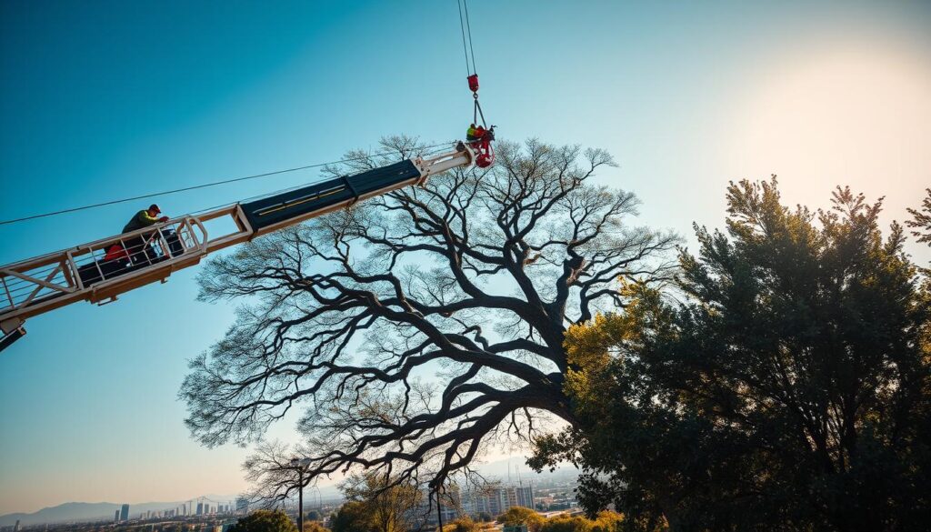 A high-angle view of a crane assisting in the careful removal of a large, complex tree in Centurion. In the foreground, the crane's powerful arm extends towards the tree, with workers in professional attire operating the machinery, showcasing their focus and expertise. The middle ground features the massive tree with intricate branches, indicating its high-risk removal status, surrounded by a few smaller trees. In the background, the skyline of Centurion is softly blurred under a bright, clear blue sky, adding depth to the scene. The sunlight casts dynamic shadows, creating a professional atmosphere filled with tension and urgency. The image should capture the blend of human skill and heavy machinery in a safe, controlled environment, emphasizing the technical nature of crane-assisted tree removal. A high-angle view of a crane assisting in the careful removal of a large, complex tree in Centurion. In the foreground, the crane's powerful arm extends towards the tree, with workers in professional attire operating the machinery, showcasing their focus and expertise. The middle ground features the massive tree with intricate branches, indicating its high-risk removal status, surrounded by a few smaller trees. In the background, the skyline of Centurion is softly blurred under a bright, clear blue sky, adding depth to the scene. The sunlight casts dynamic shadows, creating a professional atmosphere filled with tension and urgency. The image should capture the blend of human skill and heavy machinery in a safe, controlled environment, emphasizing the technical nature of crane-assisted tree removal.
