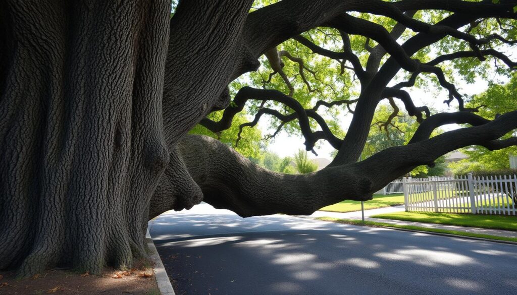 A large, mature oak tree partially blocks a suburban driveway, its gnarled branches sprawling outward and encroaching on both sides. In the foreground, the textured bark of the tree shows age and strength, while tufts of green leaves dance gently in a slight breeze. The middle ground features a neatly paved driveway with a few scattered leaves, demonstrating a typical suburban setting. Light filters through the branches, casting dappled sunlight onto the asphalt, creating a serene atmosphere. The background includes a well-maintained lawn and a picket fence, hinting at a peaceful neighborhood. The image is captured from a low angle, emphasizing the tree's impressive height and the blockage it creates. The overall mood is calm but evokes a sense of urgency to address the obstruction. A large, mature oak tree partially blocks a suburban driveway, its gnarled branches sprawling outward and encroaching on both sides. In the foreground, the textured bark of the tree shows age and strength, while tufts of green leaves dance gently in a slight breeze. The middle ground features a neatly paved driveway with a few scattered leaves, demonstrating a typical suburban setting. Light filters through the branches, casting dappled sunlight onto the asphalt, creating a serene atmosphere. The background includes a well-maintained lawn and a picket fence, hinting at a peaceful neighborhood. The image is captured from a low angle, emphasizing the tree's impressive height and the blockage it creates. The overall mood is calm but evokes a sense of urgency to address the obstruction.