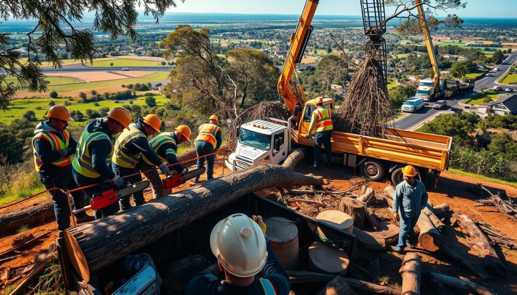A large-scale eucalyptus tree removal scene in Centurion, showcasing a team of professional arborists in safety gear, including hard hats and gloves, actively felling eucalyptus trees. In the foreground, detailed close-ups of the workers using chainsaws and other equipment, surrounded by cut logs and tree stumps. The middle-ground features a large crane and truck, lifting branches and debris for safe transport, emphasizing the scale of the operation. In the background, expansive green landscapes with houses and estates can be seen, illustrating the context of the tree removals. The lighting is bright and warm, capturing a clear sunny day, enhancing the industrious atmosphere. The overall mood is focused and professional, reflecting the efficiency of large-scale tree felling services. A large-scale eucalyptus tree removal scene in Centurion, showcasing a team of professional arborists in safety gear, including hard hats and gloves, actively felling eucalyptus trees. In the foreground, detailed close-ups of the workers using chainsaws and other equipment, surrounded by cut logs and tree stumps. The middle-ground features a large crane and truck, lifting branches and debris for safe transport, emphasizing the scale of the operation. In the background, expansive green landscapes with houses and estates can be seen, illustrating the context of the tree removals. The lighting is bright and warm, capturing a clear sunny day, enhancing the industrious atmosphere. The overall mood is focused and professional, reflecting the efficiency of large-scale tree felling services.