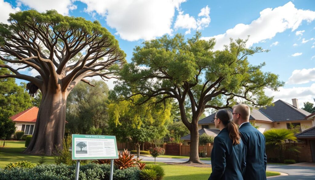 A lush South African landscape featuring a diverse array of protected tree species, such as the magnificent Baobab and indigenous Acacia trees, situated in a suburban setting reminiscent of Centurion. In the foreground, showcase a young couple in professional attire examining a tree and a nearby informational sign about tree protection regulations. The middle ground should include well-maintained homes that reflect the architecture common in Centurion, with greenery surrounding them. The background presents a blue sky dotted with soft white clouds, casting dappled sunlight on the scene, creating a warm, inviting atmosphere. Use a wide-angle lens perspective to encapsulate the harmony between urban development and nature, emphasizing the importance of protecting these native species. A lush South African landscape featuring a diverse array of protected tree species, such as the magnificent Baobab and indigenous Acacia trees, situated in a suburban setting reminiscent of Centurion. In the foreground, showcase a young couple in professional attire examining a tree and a nearby informational sign about tree protection regulations. The middle ground should include well-maintained homes that reflect the architecture common in Centurion, with greenery surrounding them. The background presents a blue sky dotted with soft white clouds, casting dappled sunlight on the scene, creating a warm, inviting atmosphere. Use a wide-angle lens perspective to encapsulate the harmony between urban development and nature, emphasizing the importance of protecting these native species.