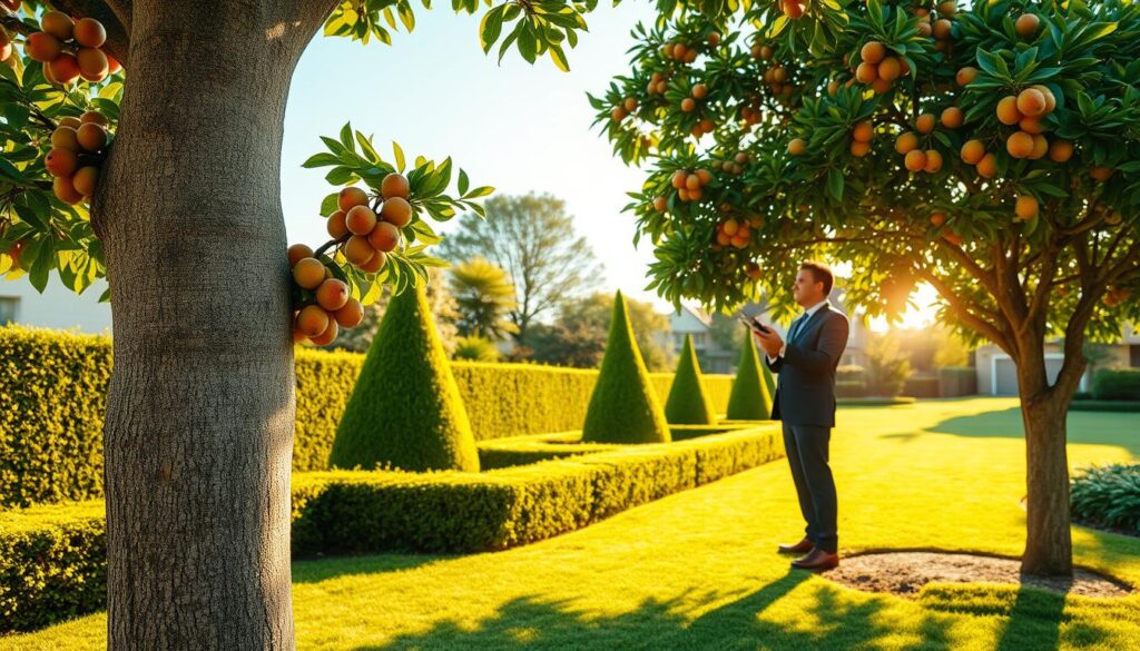 A lush and vibrant centurion fruit tree stands prominently in the foreground, showcasing its sturdy trunk with textured bark and a canopy full of ripe, colorful fruits. The middle ground features a well-maintained garden setting, with neatly trimmed hedges and soft, green grass. A professional tree removal expert in smart business attire surveys the tree, holding pruning shears, emphasizing a commitment to safety and care for the environment. The background reveals a serene suburban landscape bathed in warm, golden afternoon sunlight, casting gentle shadows that create a calm and inviting atmosphere. A clear blue sky enhances the overall brightness of the scene, symbolizing a healthier, safer garden space. A lush and vibrant centurion fruit tree stands prominently in the foreground, showcasing its sturdy trunk with textured bark and a canopy full of ripe, colorful fruits. The middle ground features a well-maintained garden setting, with neatly trimmed hedges and soft, green grass. A professional tree removal expert in smart business attire surveys the tree, holding pruning shears, emphasizing a commitment to safety and care for the environment. The background reveals a serene suburban landscape bathed in warm, golden afternoon sunlight, casting gentle shadows that create a calm and inviting atmosphere. A clear blue sky enhances the overall brightness of the scene, symbolizing a healthier, safer garden space.