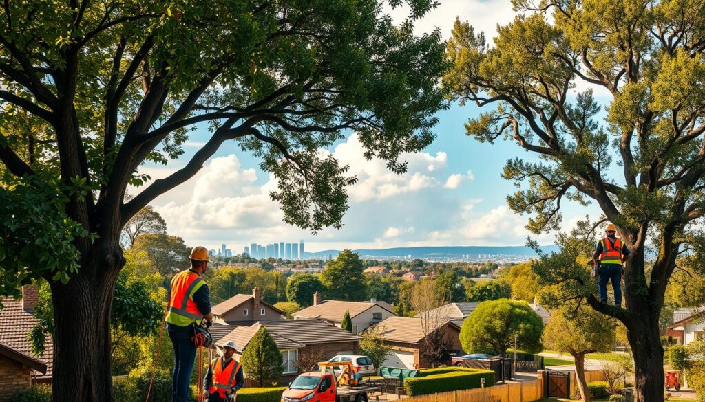 A lush suburban landscape in Centurion, showcasing a variety of tree species in diverse settings. In the foreground, a professional tree service crew, dressed in bright safety vests and hard hats, is depicted using chainsaws and ropes to prune large trees, ensuring safety and care. The middle ground features well-maintained homes surrounded by vibrant gardens, illustrating the benefits of expert tree care. In the background, the iconic Centurion skyline is visible, with a bright blue sky and fluffy clouds, creating an inviting atmosphere. The lighting is warm and golden, suggesting a late afternoon, enhancing the feeling of professionalism and community. The scene reflects a harmonious blend of nature and service, emphasizing the importance of tree maintenance across the suburbs. A lush suburban landscape in Centurion, showcasing a variety of tree species in diverse settings. In the foreground, a professional tree service crew, dressed in bright safety vests and hard hats, is depicted using chainsaws and ropes to prune large trees, ensuring safety and care. The middle ground features well-maintained homes surrounded by vibrant gardens, illustrating the benefits of expert tree care. In the background, the iconic Centurion skyline is visible, with a bright blue sky and fluffy clouds, creating an inviting atmosphere. The lighting is warm and golden, suggesting a late afternoon, enhancing the feeling of professionalism and community. The scene reflects a harmonious blend of nature and service, emphasizing the importance of tree maintenance across the suburbs.