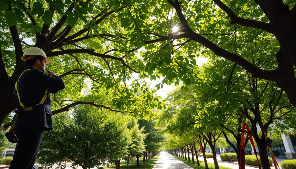 A lush tree canopy filled with vibrant green leaves, sunlight filtering through to create dappled light effects on the ground below. In the foreground, a professional arborist in business attire uses safety gear while inspecting the tree crown, showcasing safe maintenance practices. The middle ground features various tree species, illustrating diversity, and tools for tree care, such as pruning shears and safety harnesses neatly arranged. The background reveals a serene commercial landscape, with well-maintained trees lining a paved path. The scene is captured in soft, natural sunlight, conveying a sense of tranquility and safety. The angle is slightly upward, emphasizing the height and grandeur of the tree canopies overhead while maintaining a clear focus on the maintenance efforts. A lush tree canopy filled with vibrant green leaves, sunlight filtering through to create dappled light effects on the ground below. In the foreground, a professional arborist in business attire uses safety gear while inspecting the tree crown, showcasing safe maintenance practices. The middle ground features various tree species, illustrating diversity, and tools for tree care, such as pruning shears and safety harnesses neatly arranged. The background reveals a serene commercial landscape, with well-maintained trees lining a paved path. The scene is captured in soft, natural sunlight, conveying a sense of tranquility and safety. The angle is slightly upward, emphasizing the height and grandeur of the tree canopies overhead while maintaining a clear focus on the maintenance efforts.