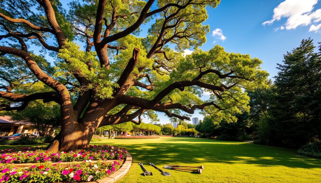 A majestic centurion tree dominates the foreground, its thick trunk and sprawling branches showcasing vibrant green leaves that flutter in a gentle breeze. Surrounding the tree are well-maintained flower beds, rich with colorful blossoms, signifying expert garden maintenance. In the middle ground, a neatly manicured lawn stretches out, punctuated by distinct garden tools neatly arranged, reflecting a professional gardener's touch. The background features a clear, blue sky, dotted with soft white clouds, and hints of Centurion's cityscape — modern buildings and familiar landmarks fading into the horizon. The scene is bathed in warm, golden sunlight, creating a welcoming and tranquil atmosphere, shot from a low angle to emphasize the tree's grandeur. A majestic centurion tree dominates the foreground, its thick trunk and sprawling branches showcasing vibrant green leaves that flutter in a gentle breeze. Surrounding the tree are well-maintained flower beds, rich with colorful blossoms, signifying expert garden maintenance. In the middle ground, a neatly manicured lawn stretches out, punctuated by distinct garden tools neatly arranged, reflecting a professional gardener's touch. The background features a clear, blue sky, dotted with soft white clouds, and hints of Centurion's cityscape — modern buildings and familiar landmarks fading into the horizon. The scene is bathed in warm, golden sunlight, creating a welcoming and tranquil atmosphere, shot from a low angle to emphasize the tree's grandeur.