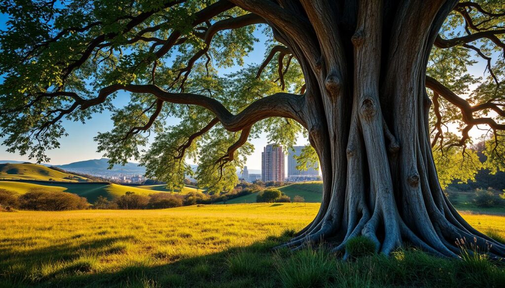 A majestic centurion tree stands in the foreground, its thick, gnarled trunk showcasing years of resilience, with lush green leaves creating a vibrant canopy. The middle ground features soft grass and scattered wildflowers, enhancing the natural beauty of the scene. In the background, the iconic landmarks of Centurion are subtly visible, with gentle rolling hills and a clear blue sky adding depth. The scene is illuminated by the golden light of early morning, casting long shadows and creating a warm, inviting atmosphere. The composition is framed from a slightly elevated angle, emphasizing the grandeur of the tree while maintaining a sense of serenity and harmony with the surrounding landscape. The image captures the essence of nature’s strength and local charm without any human presence or distractions. A majestic centurion tree stands in the foreground, its thick, gnarled trunk showcasing years of resilience, with lush green leaves creating a vibrant canopy. The middle ground features soft grass and scattered wildflowers, enhancing the natural beauty of the scene. In the background, the iconic landmarks of Centurion are subtly visible, with gentle rolling hills and a clear blue sky adding depth. The scene is illuminated by the golden light of early morning, casting long shadows and creating a warm, inviting atmosphere. The composition is framed from a slightly elevated angle, emphasizing the grandeur of the tree while maintaining a sense of serenity and harmony with the surrounding landscape. The image captures the essence of nature’s strength and local charm without any human presence or distractions.
