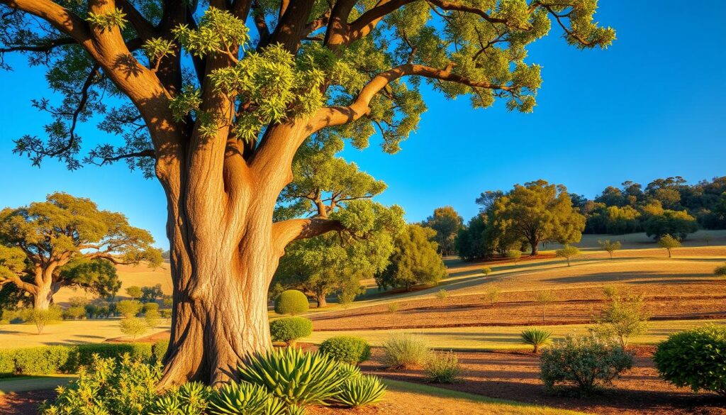 A majestic centurion tree stands prominently in the foreground, its thick, gnarled trunk showcasing intricate patterns of age and resilience. The vibrant green leaves form a lush canopy, casting dappled sunlight onto the ground below, where various native plants flourish. In the middle ground, a well-maintained landscape reflects careful pruning techniques, emphasizing structural health through the harmonious arrangement of smaller trees and shrubs. In the background, gentle rolling hills stretch under a clear blue sky, enhancing the tranquil atmosphere. The scene is bathed in warm, golden hour lighting, ideal for a soft yet vibrant palette. Capture this from a slightly low angle to emphasize the grandeur of the centurion tree, evoking a sense of protection and wisdom in the landscape. A majestic centurion tree stands prominently in the foreground, its thick, gnarled trunk showcasing intricate patterns of age and resilience. The vibrant green leaves form a lush canopy, casting dappled sunlight onto the ground below, where various native plants flourish. In the middle ground, a well-maintained landscape reflects careful pruning techniques, emphasizing structural health through the harmonious arrangement of smaller trees and shrubs. In the background, gentle rolling hills stretch under a clear blue sky, enhancing the tranquil atmosphere. The scene is bathed in warm, golden hour lighting, ideal for a soft yet vibrant palette. Capture this from a slightly low angle to emphasize the grandeur of the centurion tree, evoking a sense of protection and wisdom in the landscape.