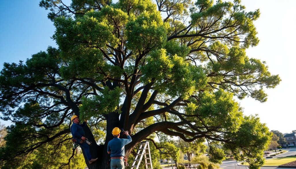 A majestic centurion tree stands prominently in the foreground, showcasing its thick trunk and sprawling canopy, deeply green leaves catching the sunlight. Skilled arborists, dressed in professional work attire, are engaged in the art of tree trimming, carefully shaping the branches to create an aesthetically pleasing form while ensuring the tree remains healthy. The setting is in Centurion, revealing a well-manicured landscape with hints of manicured gardens and residential homes in the middle ground. In the background, a clear blue sky enhances the scene, with soft, diffused sunlight illuminating the entire composition, casting gentle shadows on the ground. The atmosphere is serene and focused, capturing the essence of expertise in tree care. A majestic centurion tree stands prominently in the foreground, showcasing its thick trunk and sprawling canopy, deeply green leaves catching the sunlight. Skilled arborists, dressed in professional work attire, are engaged in the art of tree trimming, carefully shaping the branches to create an aesthetically pleasing form while ensuring the tree remains healthy. The setting is in Centurion, revealing a well-manicured landscape with hints of manicured gardens and residential homes in the middle ground. In the background, a clear blue sky enhances the scene, with soft, diffused sunlight illuminating the entire composition, casting gentle shadows on the ground. The atmosphere is serene and focused, capturing the essence of expertise in tree care.