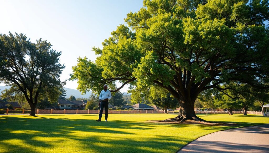 A majestic tree stands proudly in a serene park setting in Centurion, its lush, green leaves filtering soft sunlight that casts dappled shadows on the ground. In the foreground, a neatly maintained grassy area surrounds the tree, while a path winds gently towards it, inviting visitors to admire its beauty. In the middle ground, a certified arborist, dressed in professional attire, inspects the tree with a clipboard in hand, showcasing their expertise and dedication to tree care. In the background, a picturesque local landscape includes hints of residential homes and a clear blue sky, adding to the atmosphere of community and professionalism. The lighting is warm and inviting, captured from a slightly low angle to emphasize the magnificence of the tree and the arborist's role in its care, promoting a sense of tranquility and connection to nature. A majestic tree stands proudly in a serene park setting in Centurion, its lush, green leaves filtering soft sunlight that casts dappled shadows on the ground. In the foreground, a neatly maintained grassy area surrounds the tree, while a path winds gently towards it, inviting visitors to admire its beauty. In the middle ground, a certified arborist, dressed in professional attire, inspects the tree with a clipboard in hand, showcasing their expertise and dedication to tree care. In the background, a picturesque local landscape includes hints of residential homes and a clear blue sky, adding to the atmosphere of community and professionalism. The lighting is warm and inviting, captured from a slightly low angle to emphasize the magnificence of the tree and the arborist's role in its care, promoting a sense of tranquility and connection to nature.