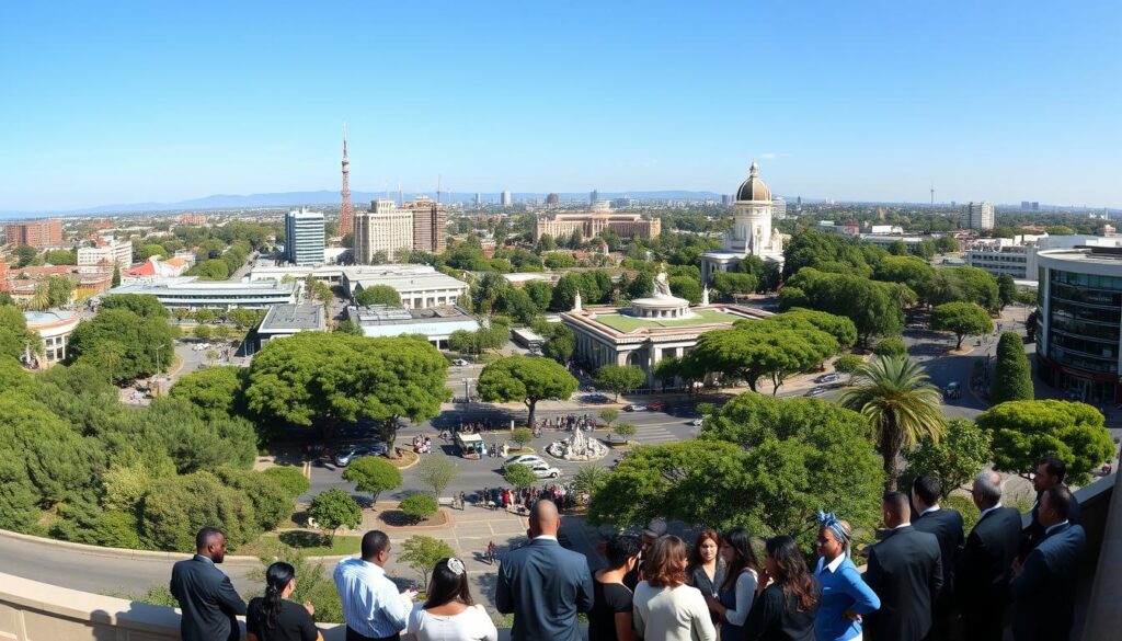 A panoramic view of Centurion showcasing various commercial areas, including modern office buildings, lush green parks, and tree-lined streets. In the foreground, a diverse group of professionals dressed in business attire engage in discussions, promoting teamwork and collaboration. The middle ground features a vibrant marketplace and well-maintained public spaces, with people interacting and enjoying the environment. In the background, iconic landmarks of Centurion are visible under a clear blue sky, illuminated by soft, warm sunlight creating a welcoming atmosphere. The scene is captured from a slightly elevated angle, providing depth and context to the bustling urban landscape while emphasizing the natural beauty interwoven with commercial development. A panoramic view of Centurion showcasing various commercial areas, including modern office buildings, lush green parks, and tree-lined streets. In the foreground, a diverse group of professionals dressed in business attire engage in discussions, promoting teamwork and collaboration. The middle ground features a vibrant marketplace and well-maintained public spaces, with people interacting and enjoying the environment. In the background, iconic landmarks of Centurion are visible under a clear blue sky, illuminated by soft, warm sunlight creating a welcoming atmosphere. The scene is captured from a slightly elevated angle, providing depth and context to the bustling urban landscape while emphasizing the natural beauty interwoven with commercial development.