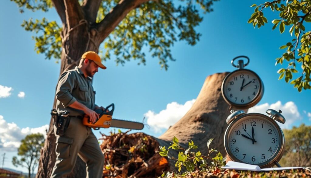 A picturesque scene depicting the key factors influencing tree removal time in Centurion. In the foreground, a professional arborist in modest casual clothing inspects a large tree with a chainsaw and equipment, displaying concentration and expertise. The middle ground features a partially removed tree, with branches and foliage artfully scattered. Nearby, a clock and checklist symbolize time management and planning. The background showcases a clear blue sky with a few fluffy clouds, suggesting an ideal working day. Soft sunlight filters through the leaves, creating a warm and inviting ambiance. Capture this composition with a slight tilt shift lens effect to emphasize the subject in sharp focus while blurring the background, enhancing the atmosphere of professional efficiency and dedication. A picturesque scene depicting the key factors influencing tree removal time in Centurion. In the foreground, a professional arborist in modest casual clothing inspects a large tree with a chainsaw and equipment, displaying concentration and expertise. The middle ground features a partially removed tree, with branches and foliage artfully scattered. Nearby, a clock and checklist symbolize time management and planning. The background showcases a clear blue sky with a few fluffy clouds, suggesting an ideal working day. Soft sunlight filters through the leaves, creating a warm and inviting ambiance. Capture this composition with a slight tilt shift lens effect to emphasize the subject in sharp focus while blurring the background, enhancing the atmosphere of professional efficiency and dedication.
