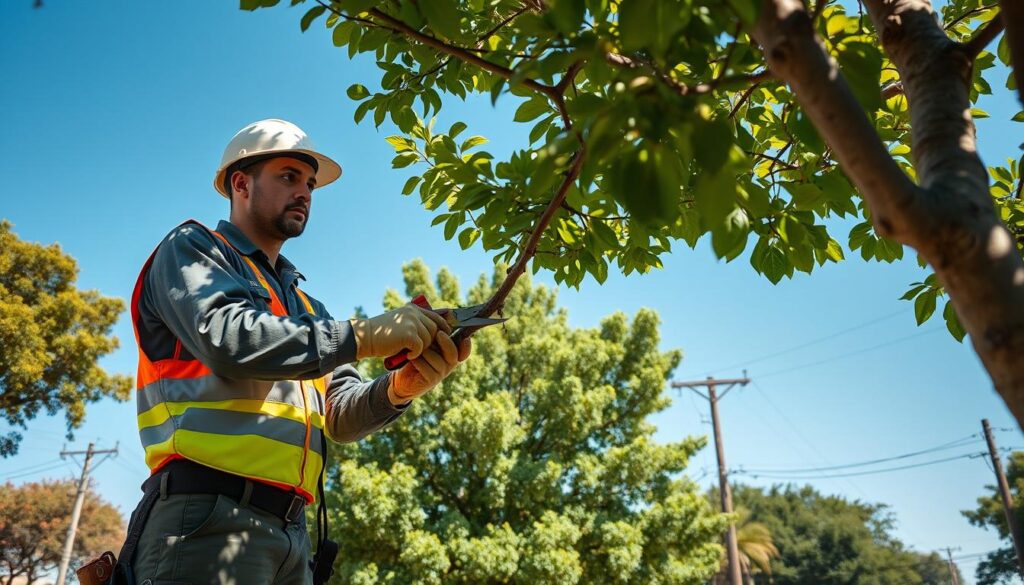 A professional arborist in safety gear, including a hard hat and gloves, carefully pruning a tree near power lines in a suburban Centurion setting. The foreground features an intricate view of the arborist's focused actions, showcasing pruning shears skillfully cutting branches. The middle ground includes a variety of mature trees with healthy green foliage, harmoniously coexisting with visible utility poles and power lines. In the background, a clear blue sky enhances the scene, suggesting a sunny day that conveys a sense of safety and compliance. The lighting is bright and natural, casting soft shadows that highlight the professionalism and care taken in maintaining both the trees and power lines. The overall atmosphere is orderly and serene, emphasizing responsible pruning in an urban environment. A professional arborist in safety gear, including a hard hat and gloves, carefully pruning a tree near power lines in a suburban Centurion setting. The foreground features an intricate view of the arborist's focused actions, showcasing pruning shears skillfully cutting branches. The middle ground includes a variety of mature trees with healthy green foliage, harmoniously coexisting with visible utility poles and power lines. In the background, a clear blue sky enhances the scene, suggesting a sunny day that conveys a sense of safety and compliance. The lighting is bright and natural, casting soft shadows that highlight the professionalism and care taken in maintaining both the trees and power lines. The overall atmosphere is orderly and serene, emphasizing responsible pruning in an urban environment.